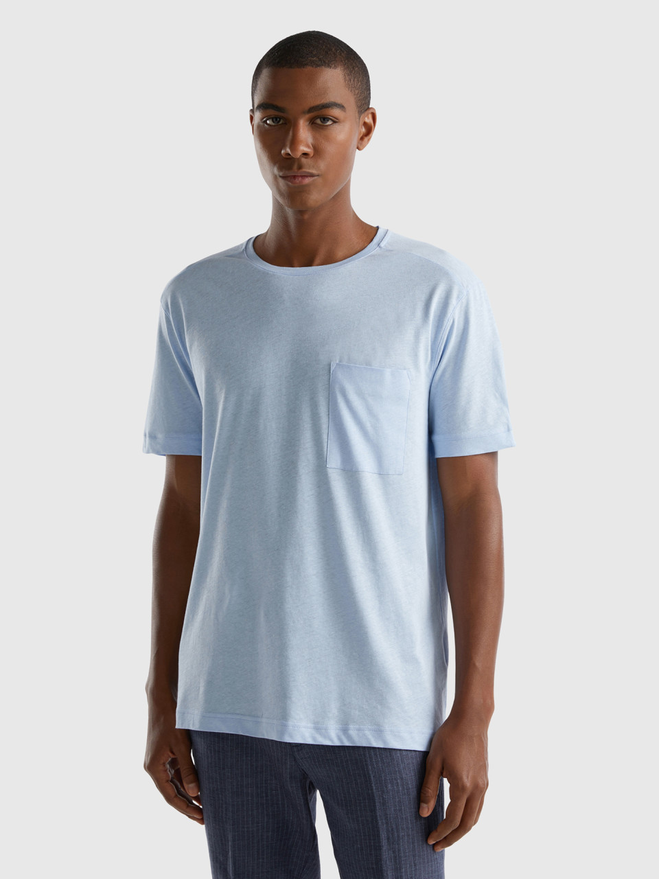 Benetton, T-shirt In Linen Blend With Pocket, Sky Blue, Men