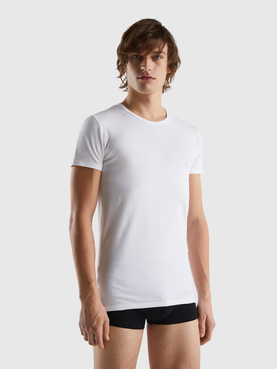 Benetton, T-shirt Em Algodão Orgânico Stretch, Branco, Homem
