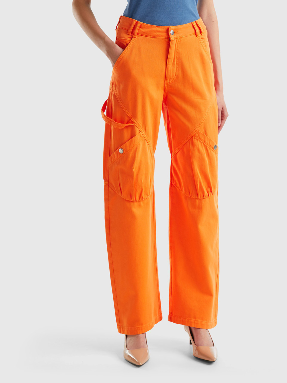 Benetton, Cargo Trousers In Cotton, Orange, Women