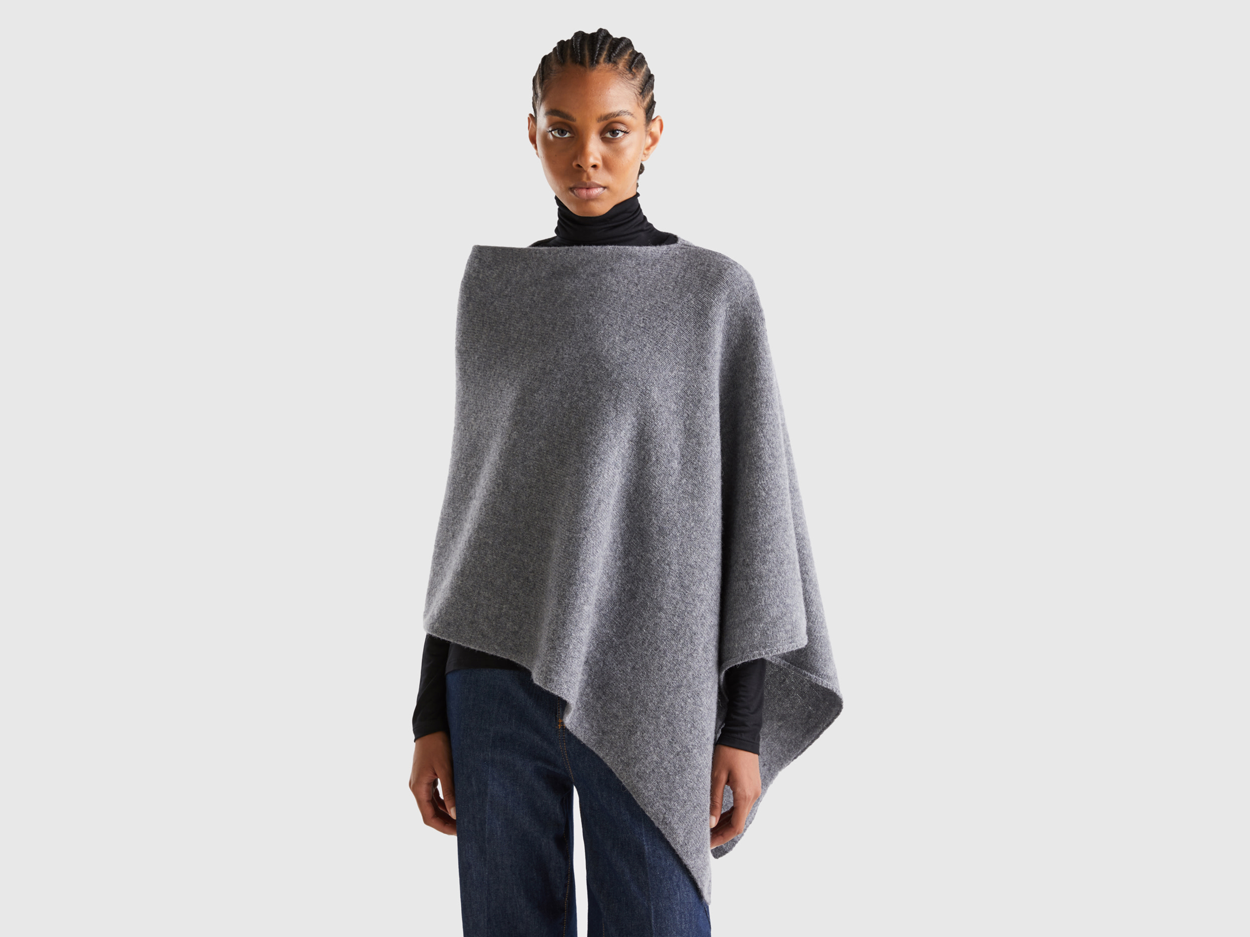 Benetton, Mantella In Pura Lana Shetland, Grigio Scuro, Donna