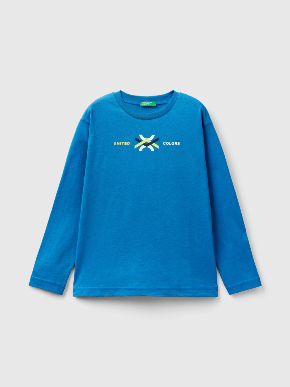 Benetton, T-shirt À Manches Longues En Coton Bio, Bleu, Enfants