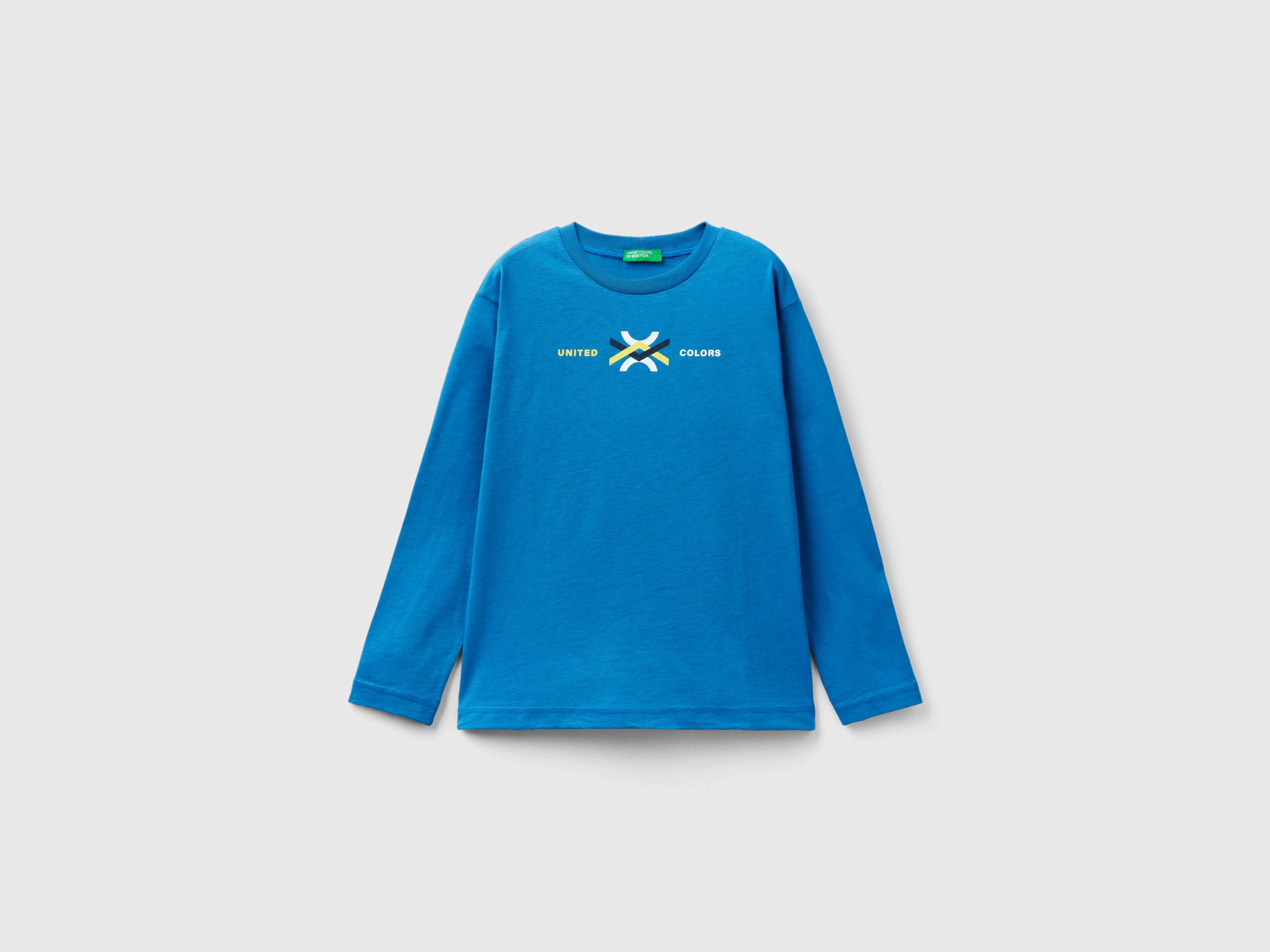 Image of Benetton, Long Sleeve Organic Cotton T-shirt, size S, Blue, Kids