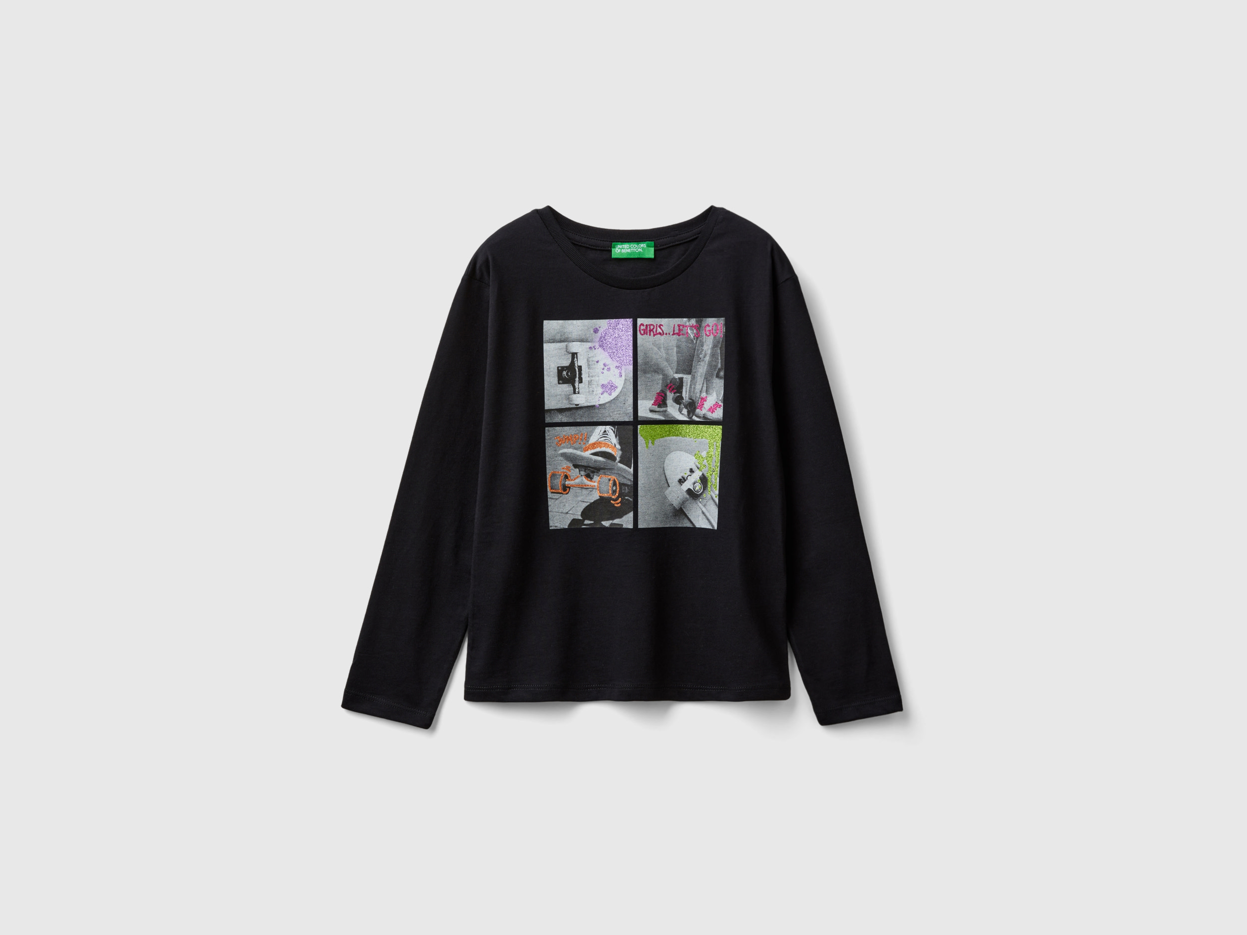 Benetton, T-shirt Con Stampa Fotografica E Glitter, Nero, Bambini