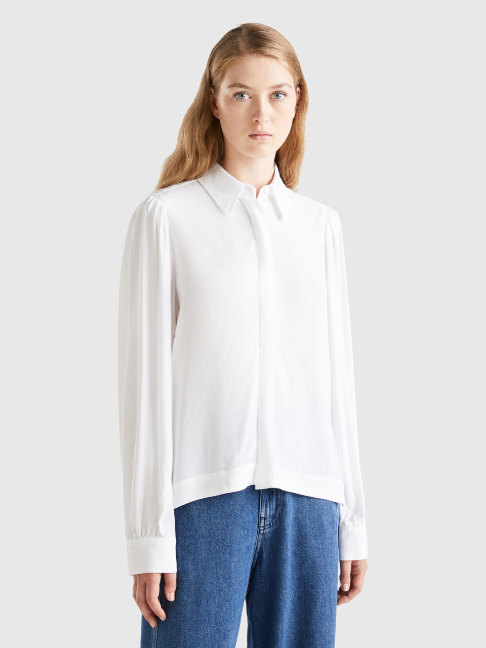Benetton, Shirt In Pure Viscose, White, Women