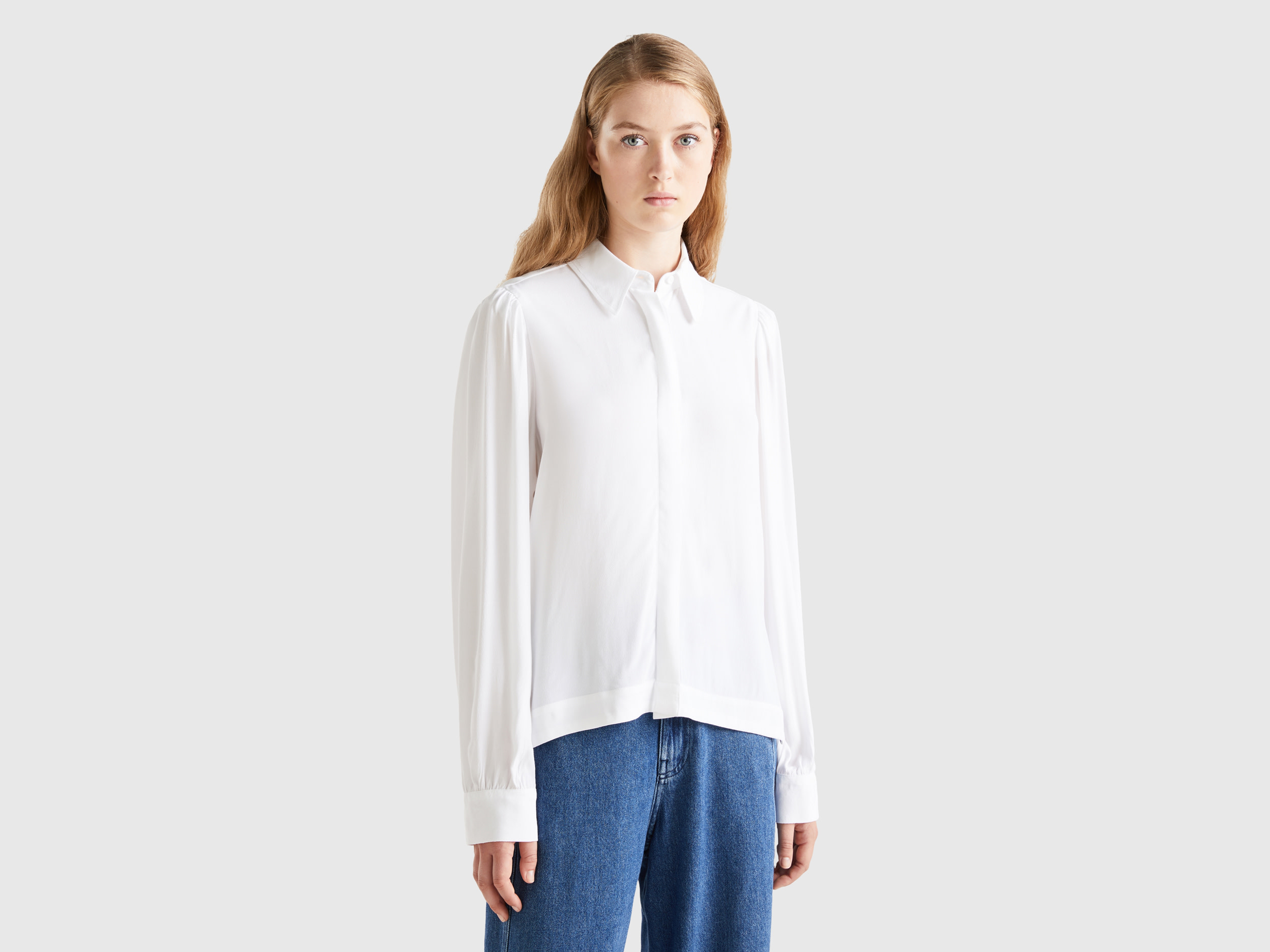 Benetton, Shirt In Pure Viscose, size L, White, Women