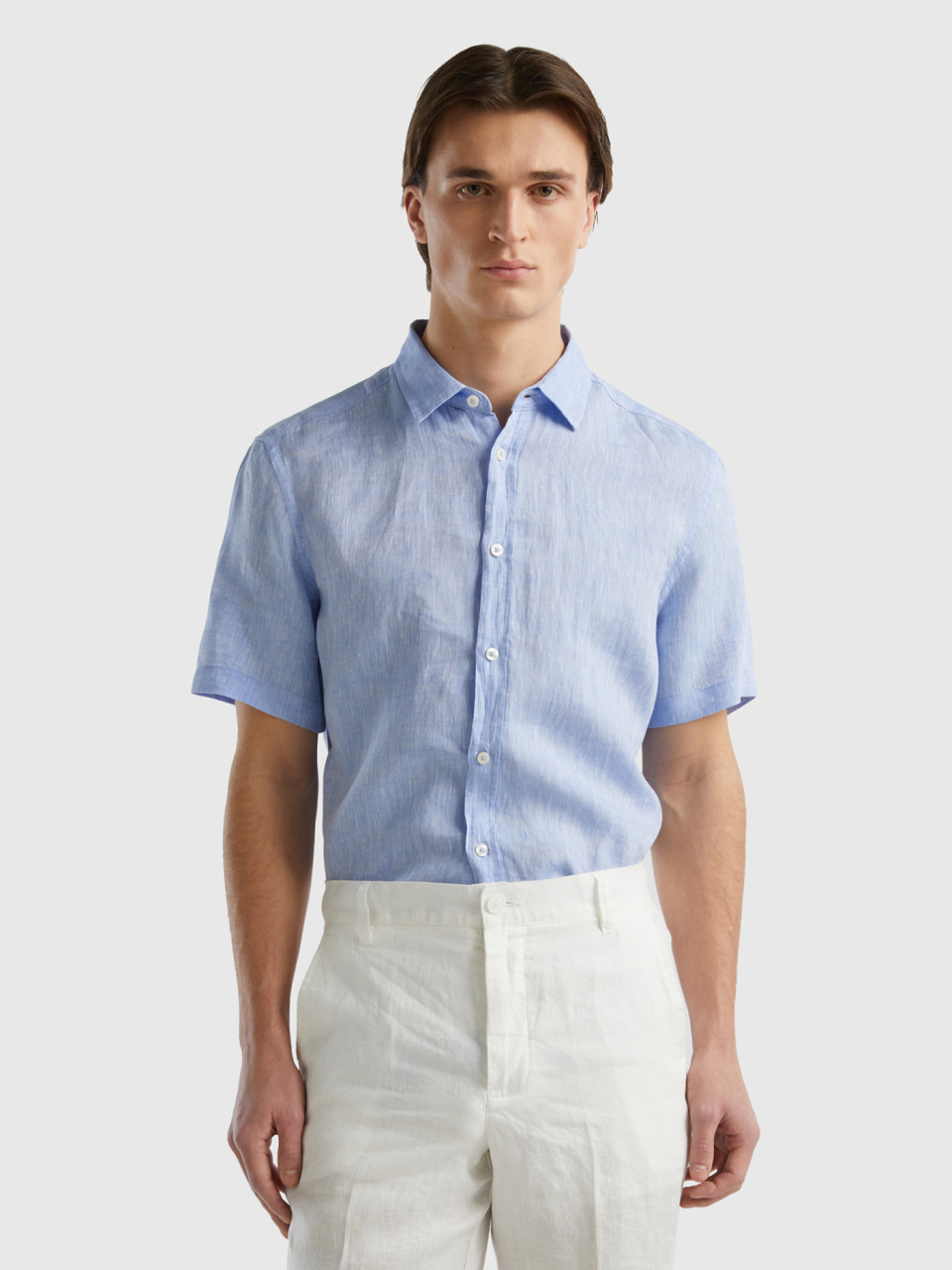 Benetton, 100% Linen Short Sleeve Shirt, Light Blue, Men