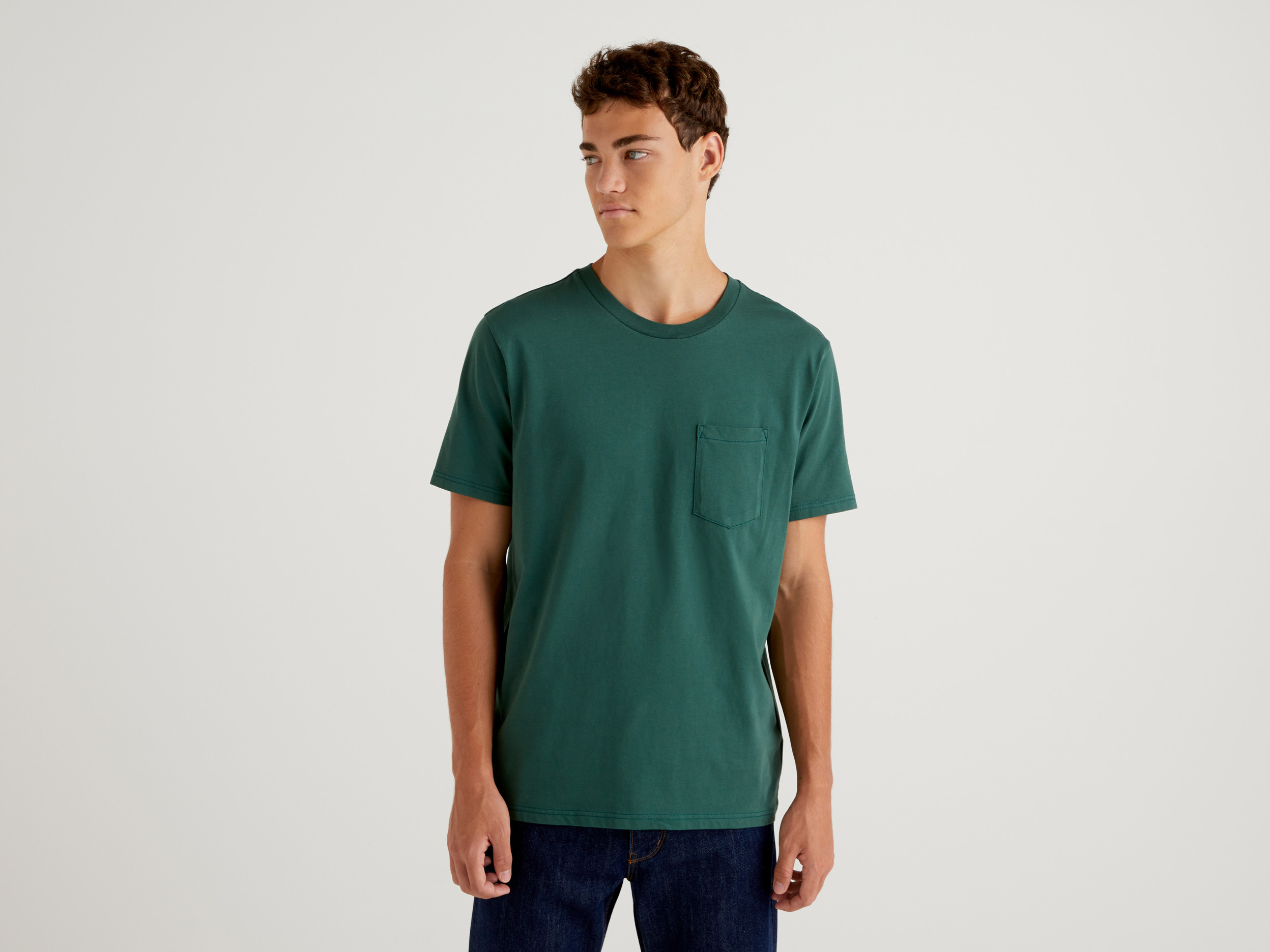 Benetton, T shirt 100% Cotone Con Taschino, Verde Scuro, Uomo