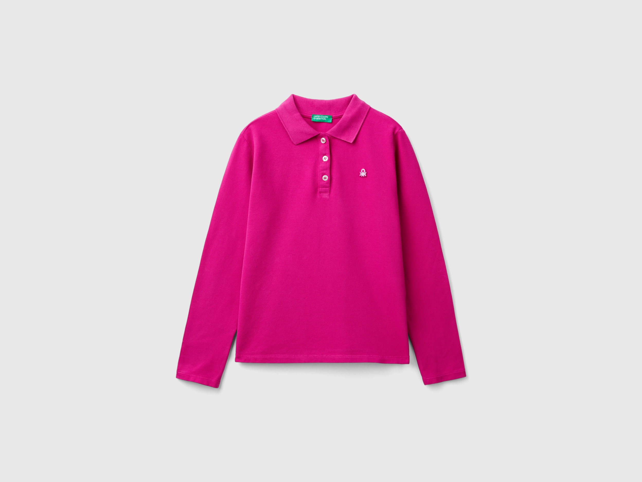 Benetton, Polo Manica Lunga In Cotone Bio, Fucsia, Bambini