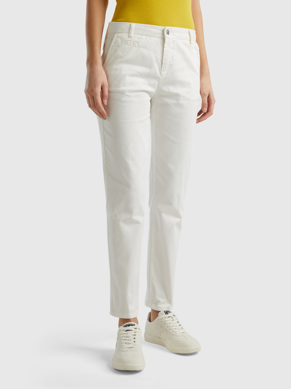 Benetton Online exclusive, Chino Slim Fit In Cotone Bianco Panna, Bianco Panna, Donna