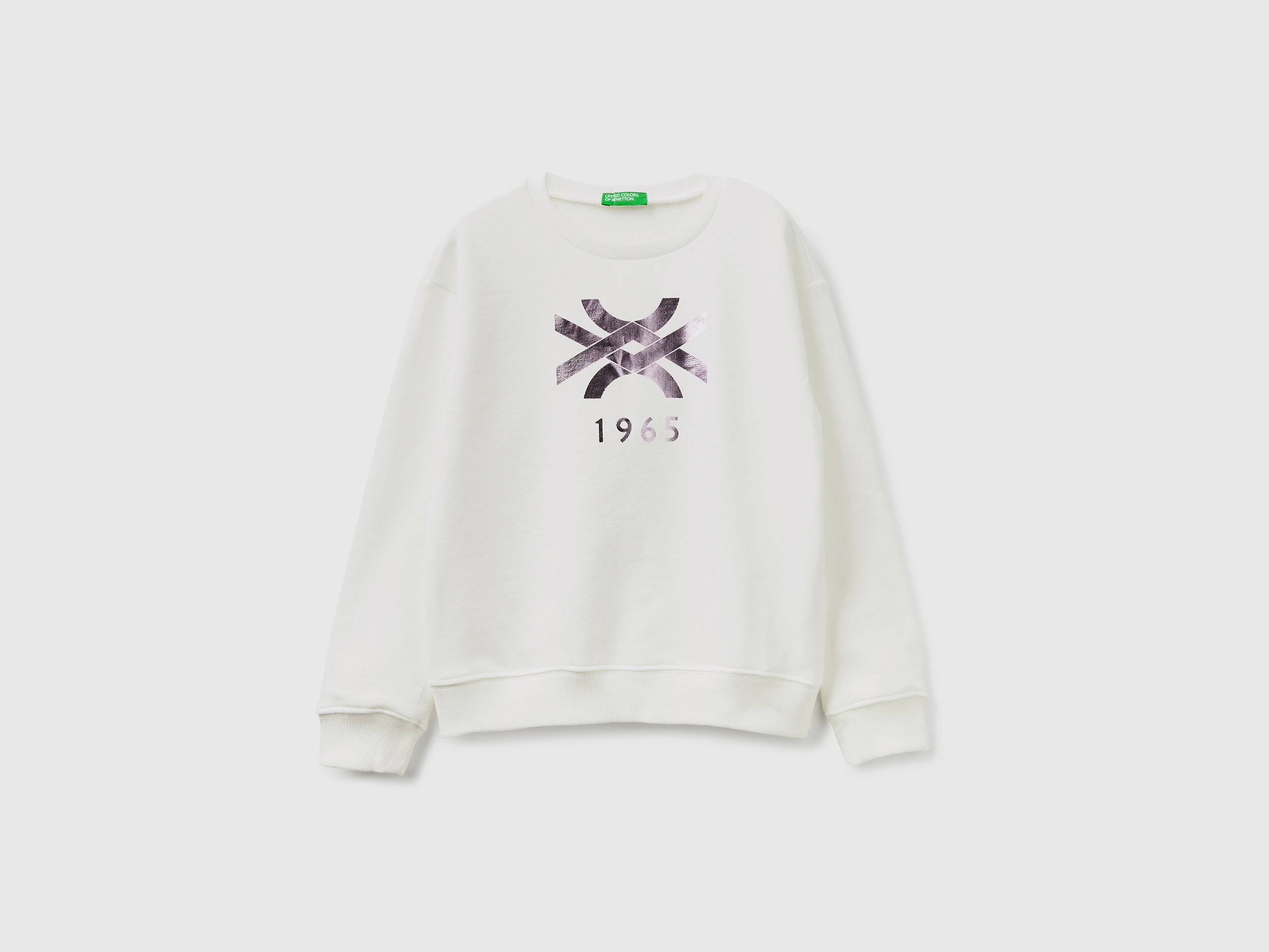 Benetton, 100% Cotton Sweatshirt With Logo, size S, Creamy White, Kids