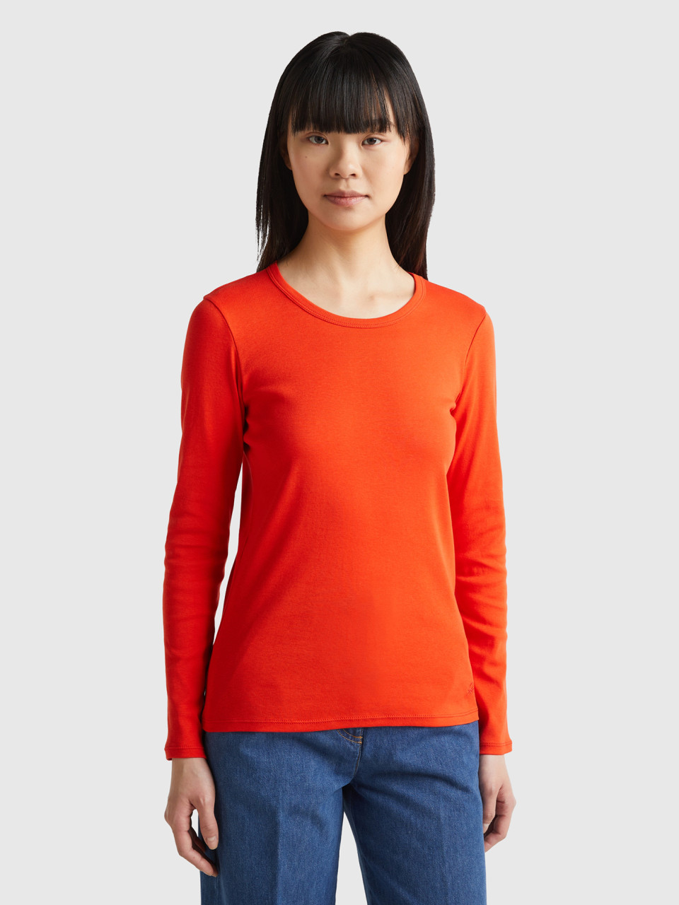 Benetton, Long Sleeve Pure Cotton T-shirt, Red, Women