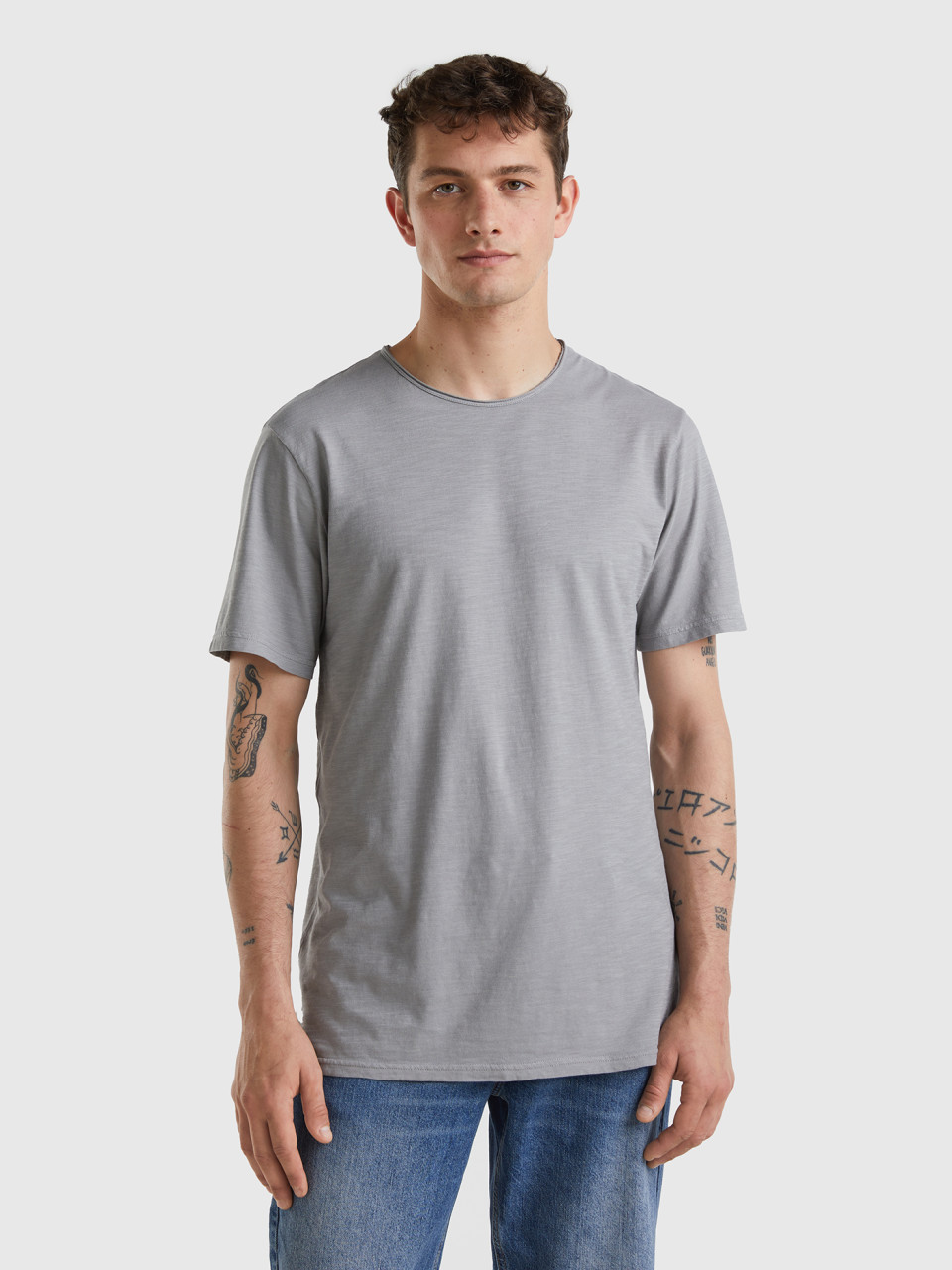 Benetton, Gray T-shirt In Slub Cotton, Gray, Men