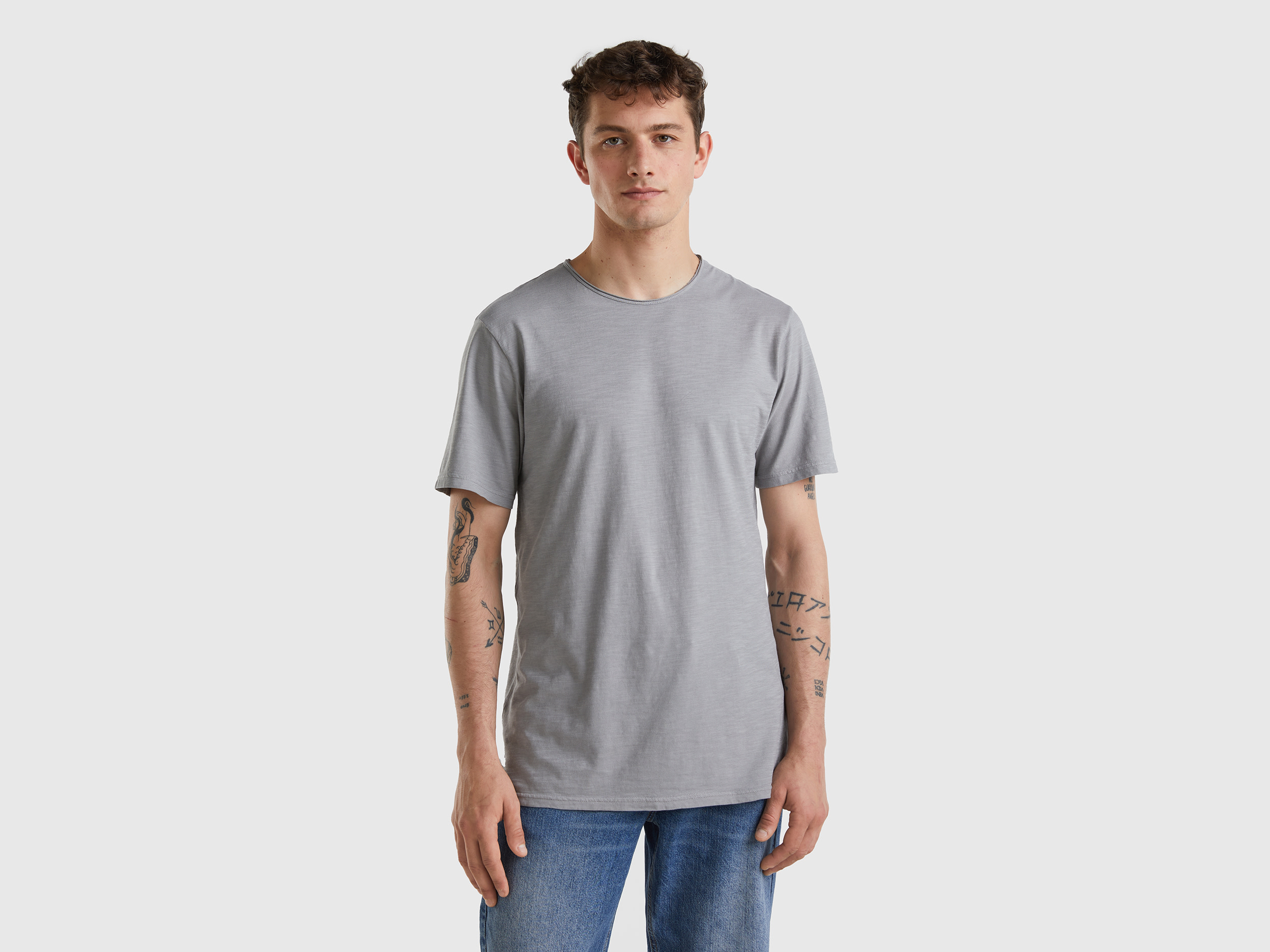 Benetton, Gray T-shirt In Slub Cotton, size XXXL, Gray, Men