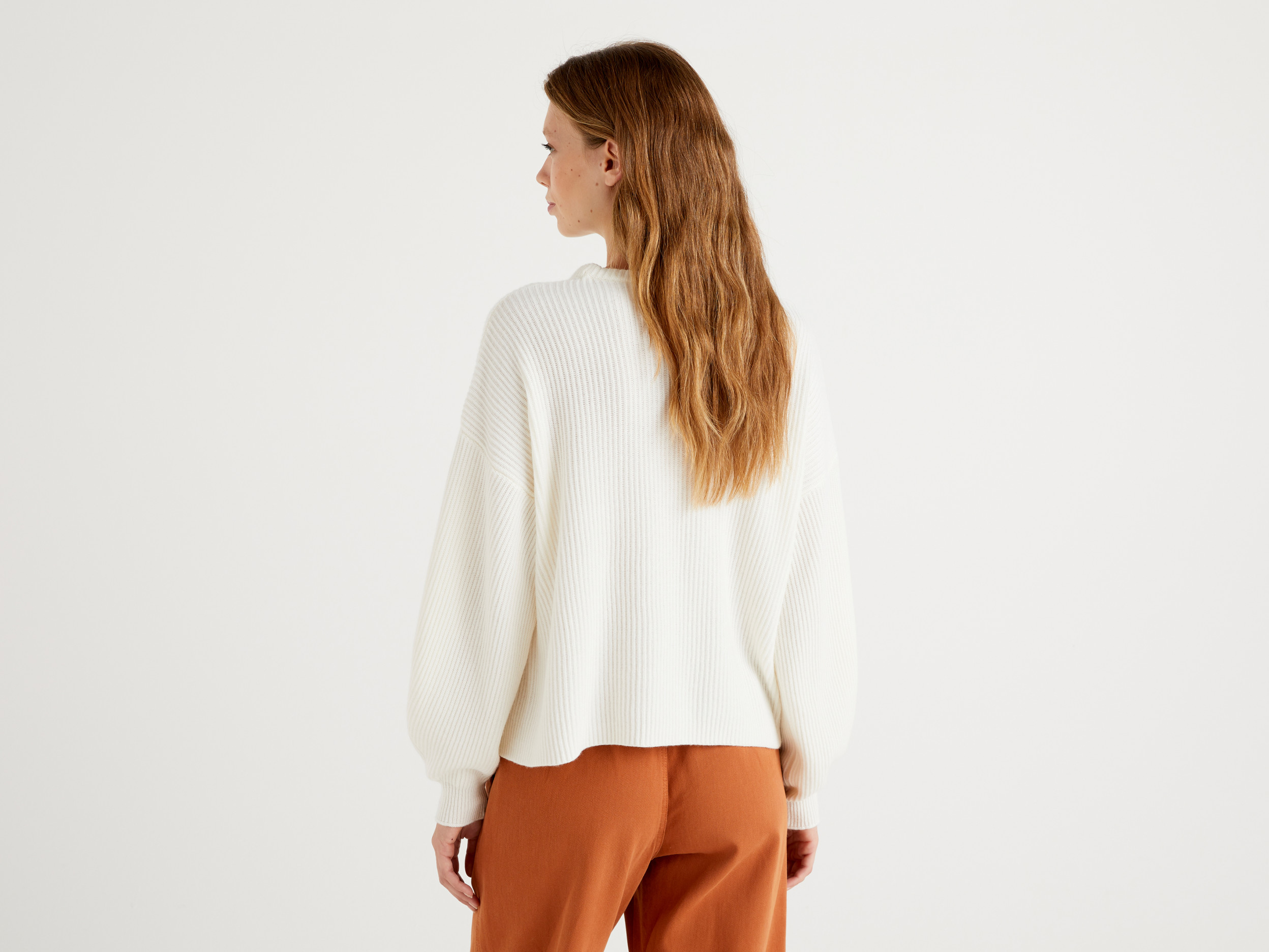 Benetton, Soft Sweater With Slit Pattern, Taglia L-Xl, Creamy White, Women