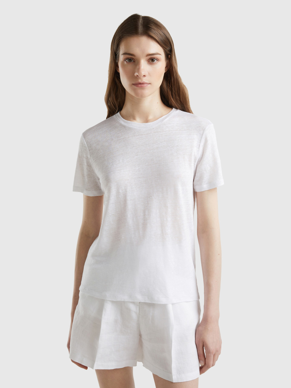 Benetton, Crew Neck T-shirt In Pure Linen, White, Women