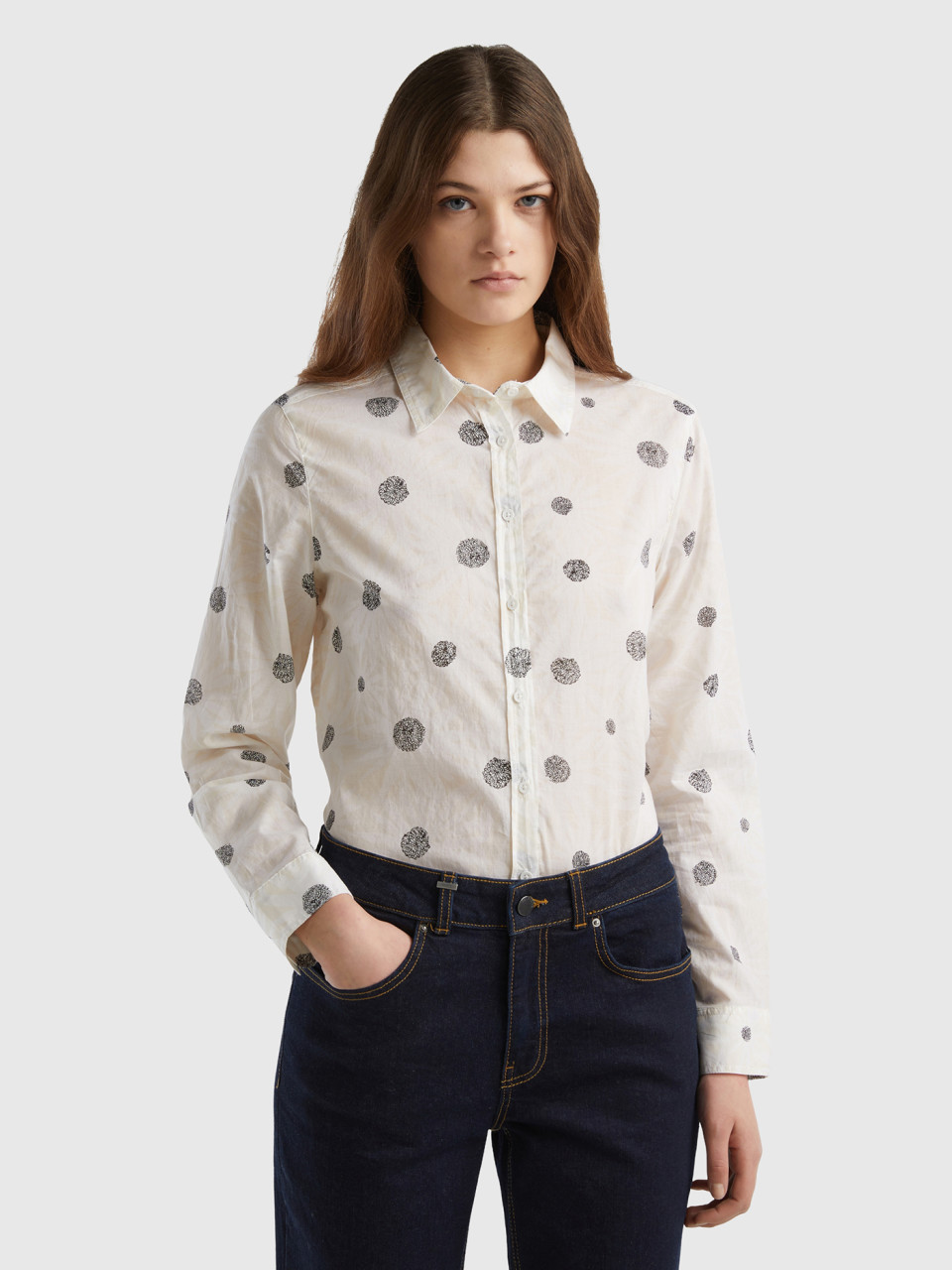 Benetton, 100% Cotton Patterned Shirt, Beige, Women