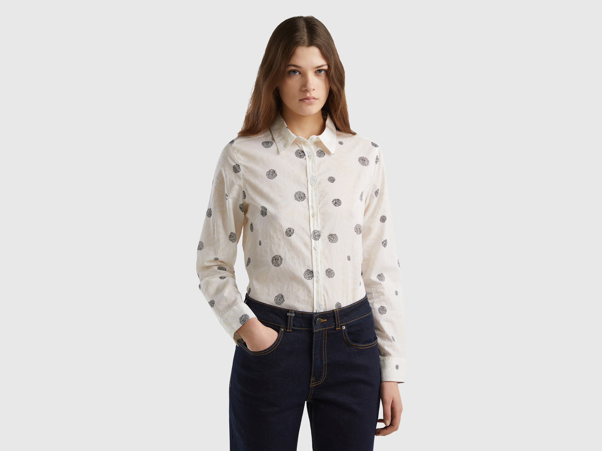 Benetton, Camicia Fantasia 100% Cotone, Beige, Donna