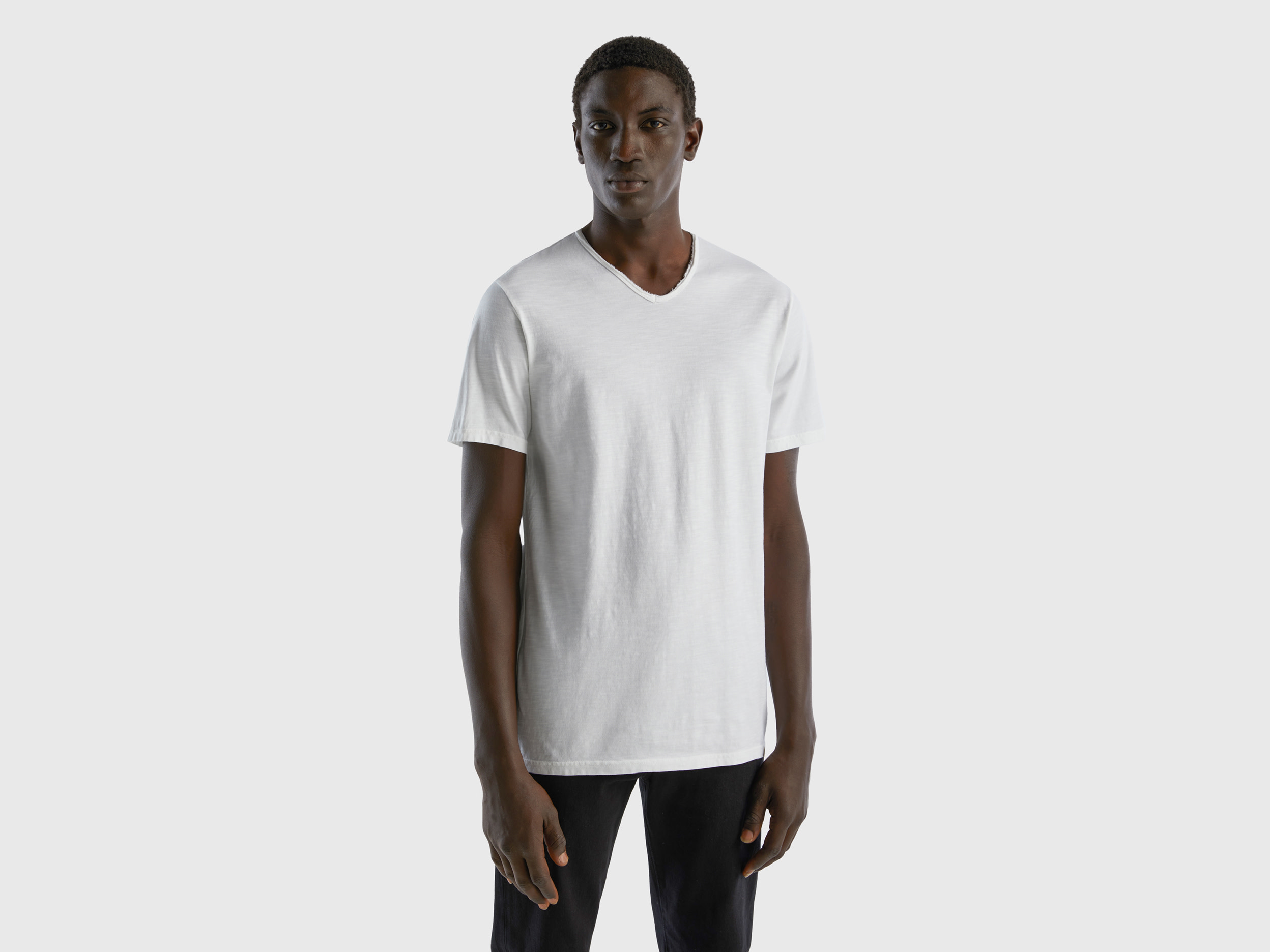 Benetton, V-neck T-shirt In 100% Cotton, size XXXL, White, Men