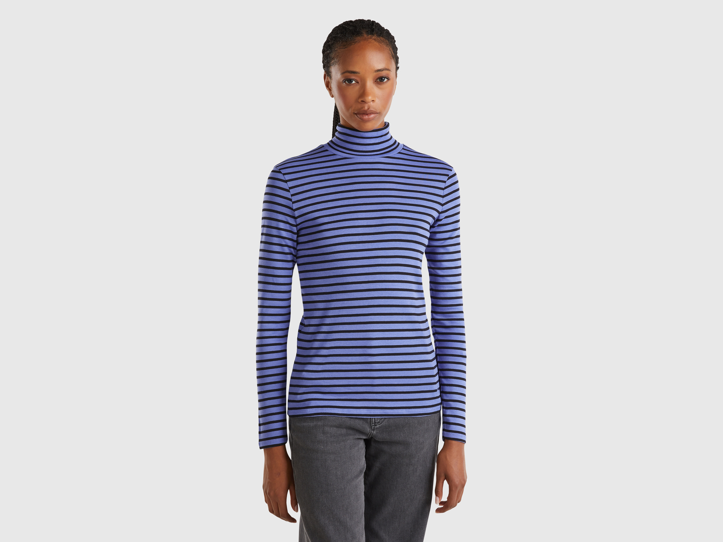 Benetton, T-shirt Lupetto A Righe, Pervinca, Donna