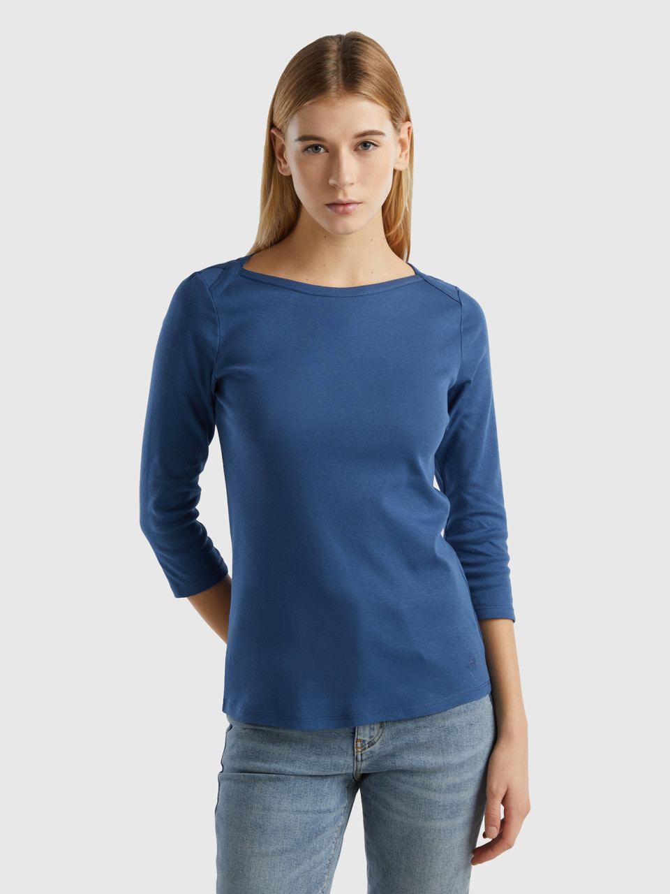 Benetton, Camiseta De 100 % Algodón Con Escote Barco, Azul Grisáceo, Mujer