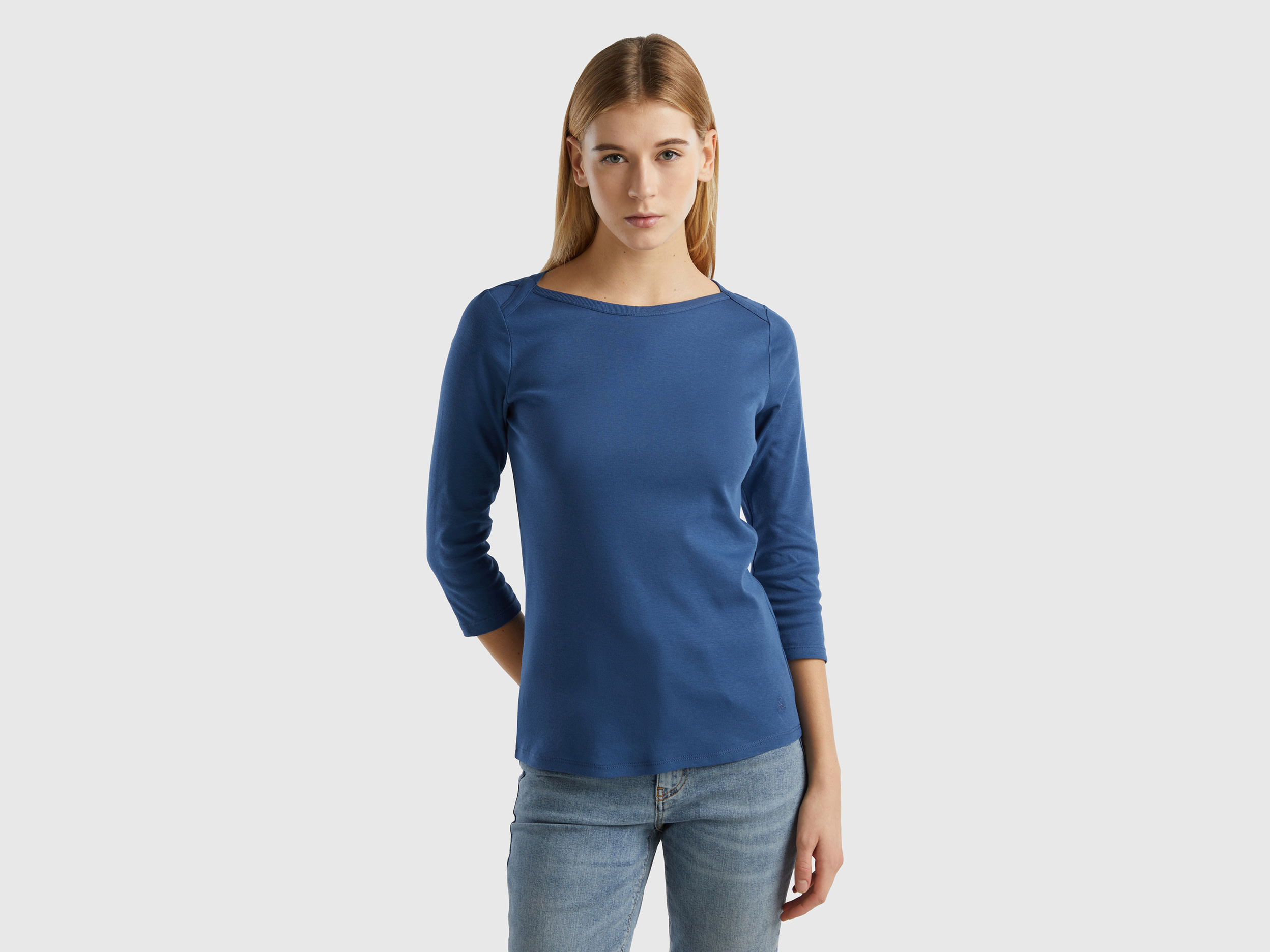 Benetton, T-shirt With Boat Neck In 100% Cotton, size M, Air Force Blue, Women