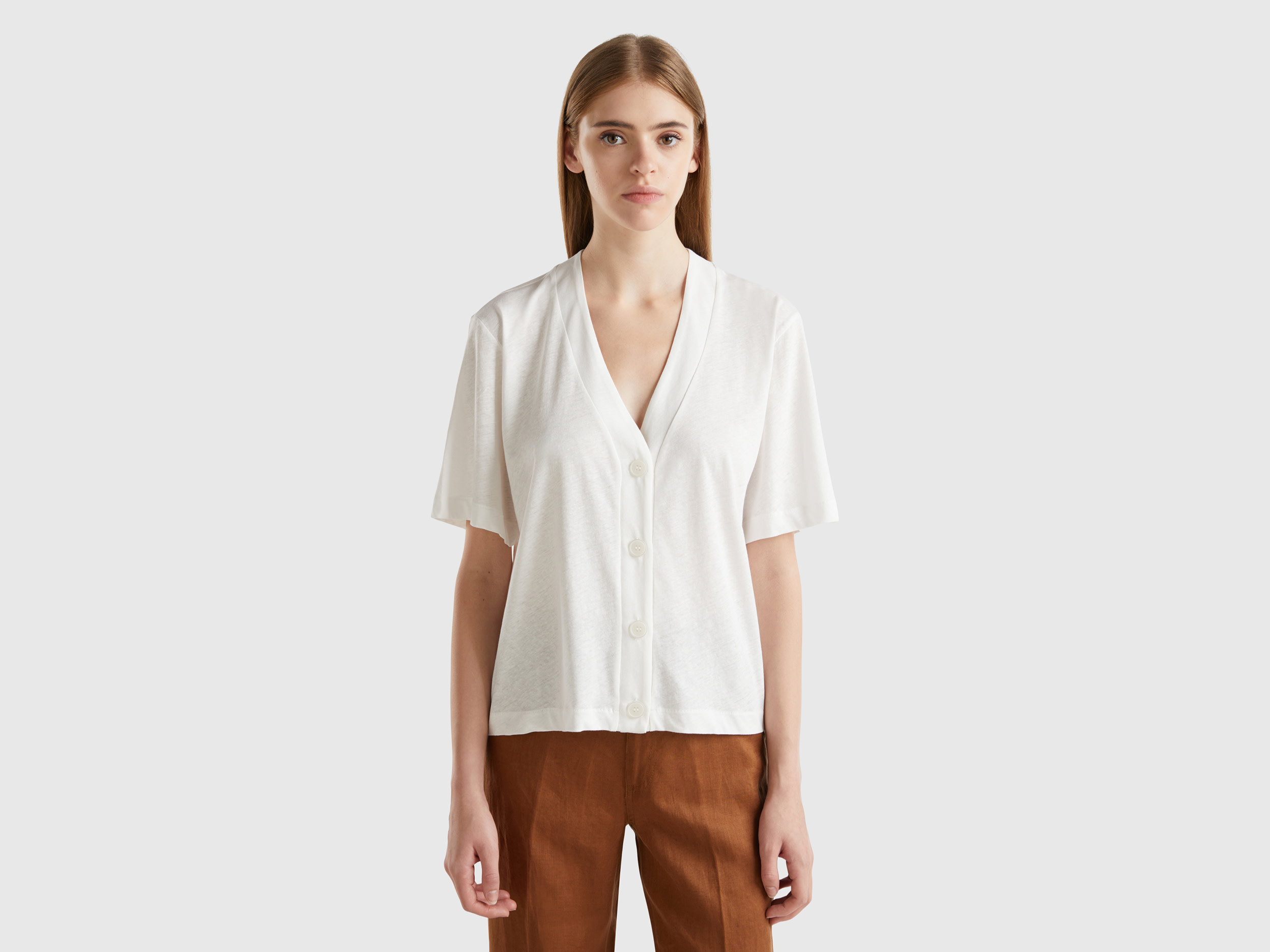 Benetton, T-shirt Stile Cardigan In Misto Lino, Bianco Panna, Donna