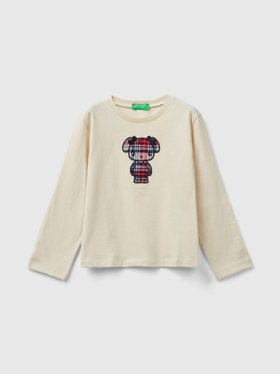 Benetton, T-shirt With Animal Embroidery, Beige, Kids