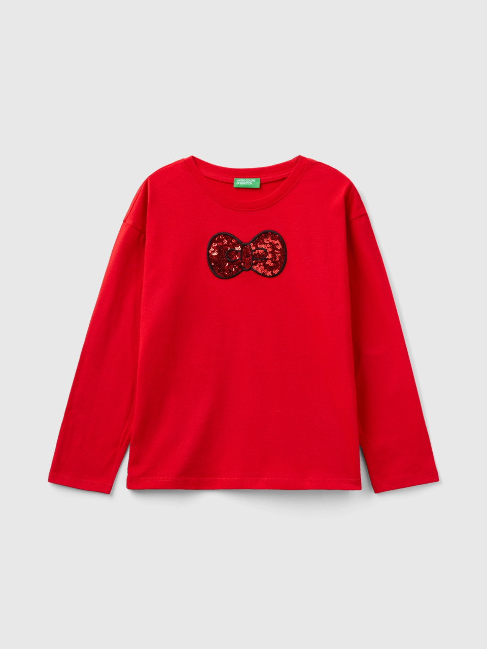 Benetton, Warm Cotton T-shirt With Sequins, Red, Kids