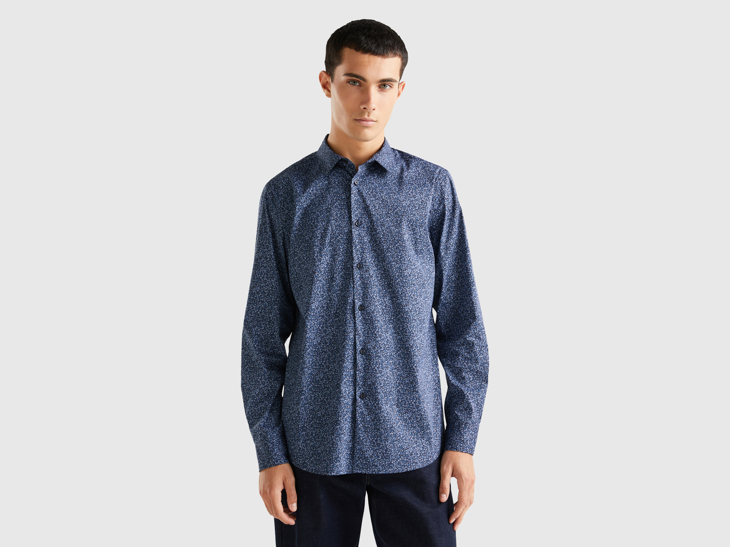 Benetton, Patterned Slim Fit Shirt, size XXL, Blue, Men
