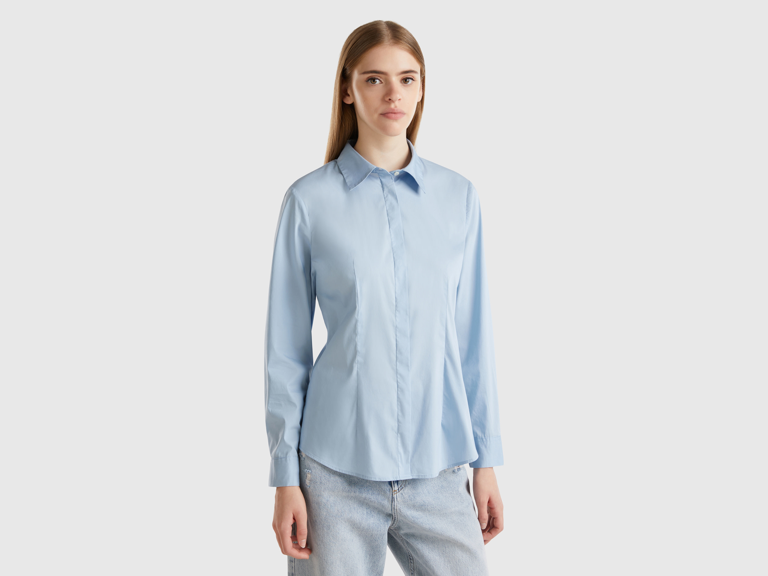 Benetton, Camicia In Misto Cotone Stretch, Celeste, Donna
