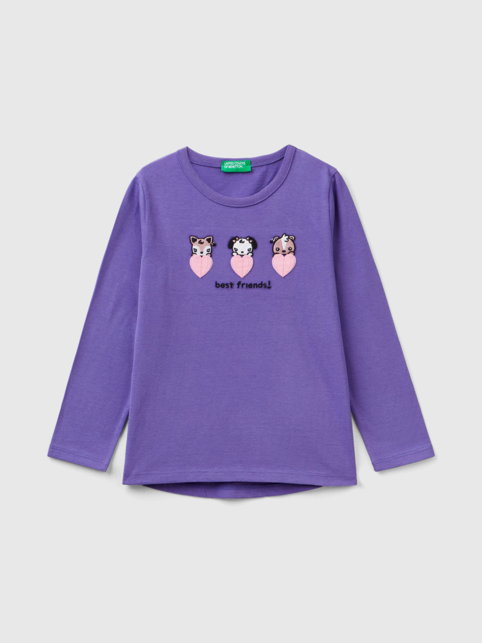 Benetton, T-shirt With Embroidery And Appliques, Violet, Kids