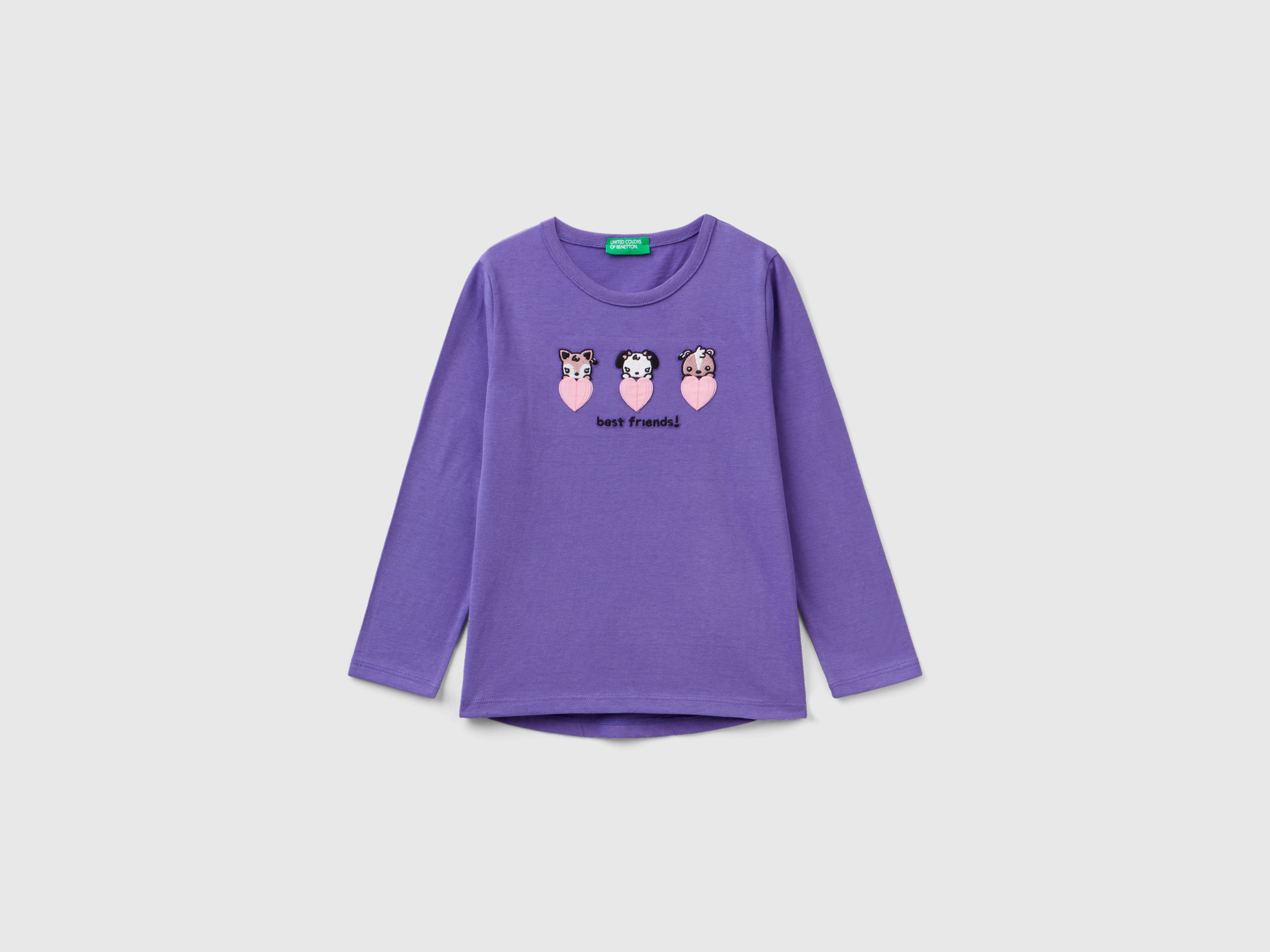 Benetton, T-shirt With Embroidery And Appliques, size 12-18, Violet, Kids