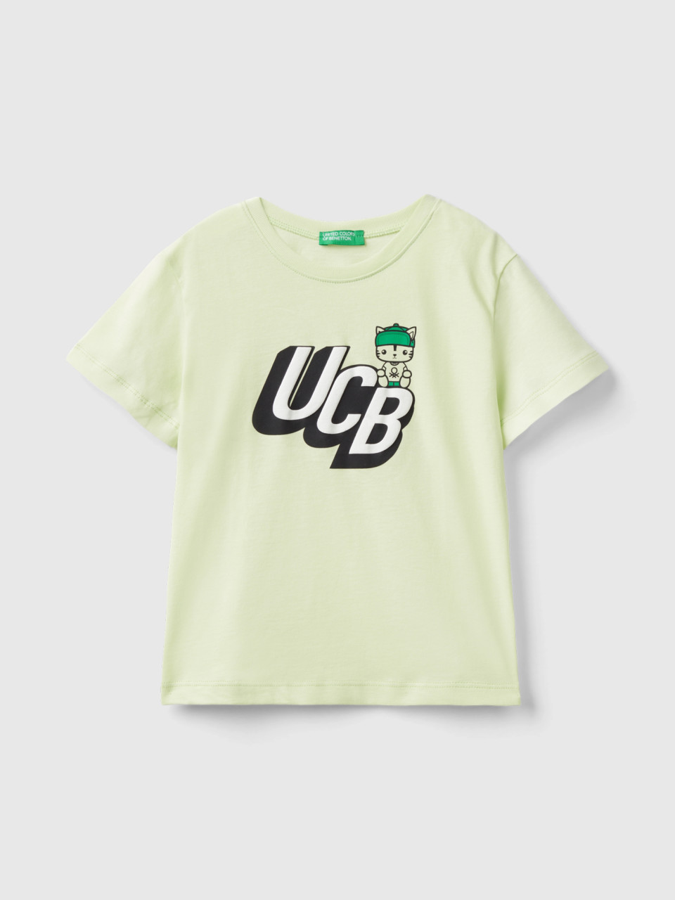 Benetton, T-shirt Aus 100% Bio-baumwolle Mit Print, Gelbgrün, male