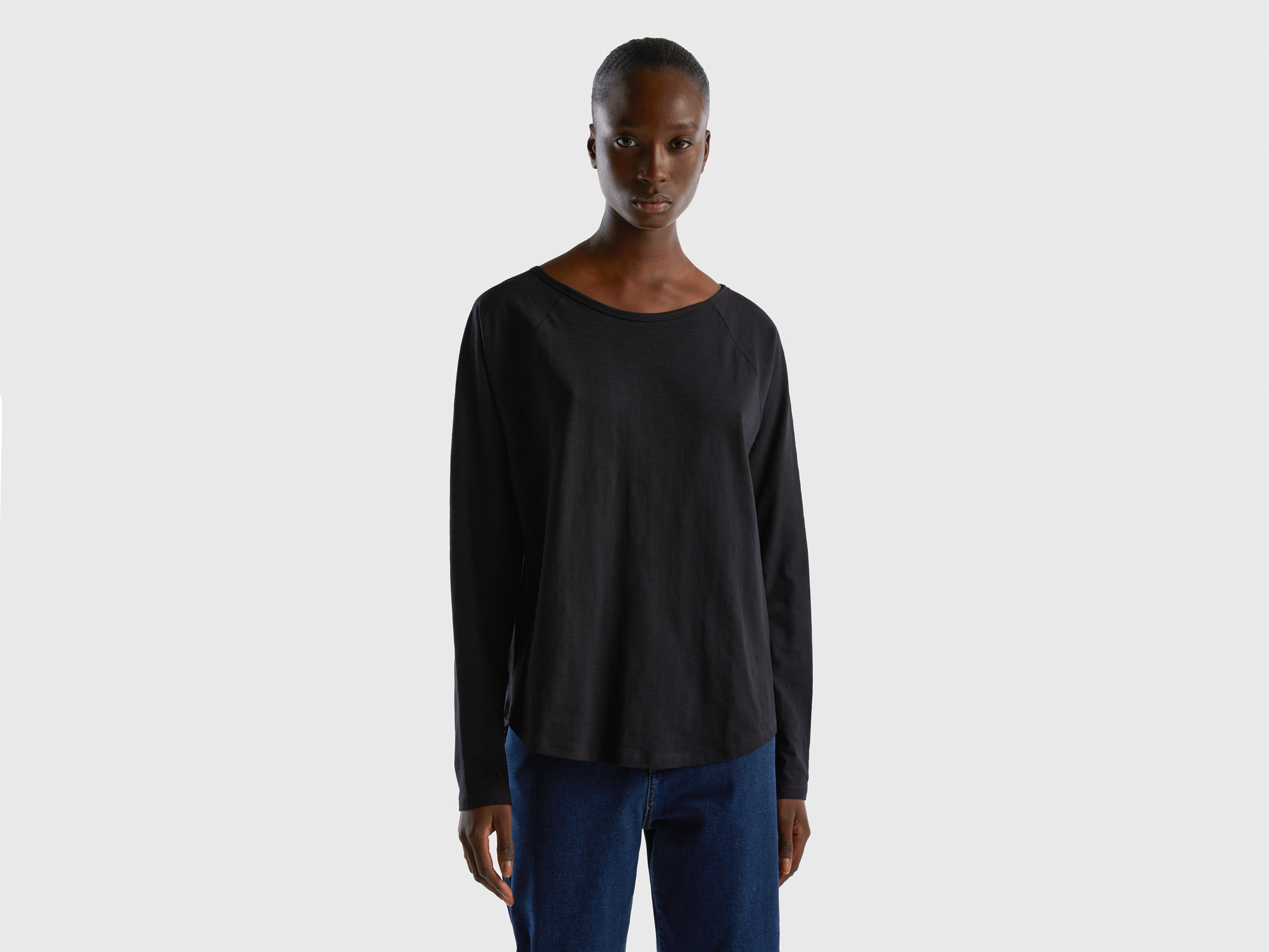 Benetton, Long Sleeve Pure Cotton T-shirt, size M, Black, Women