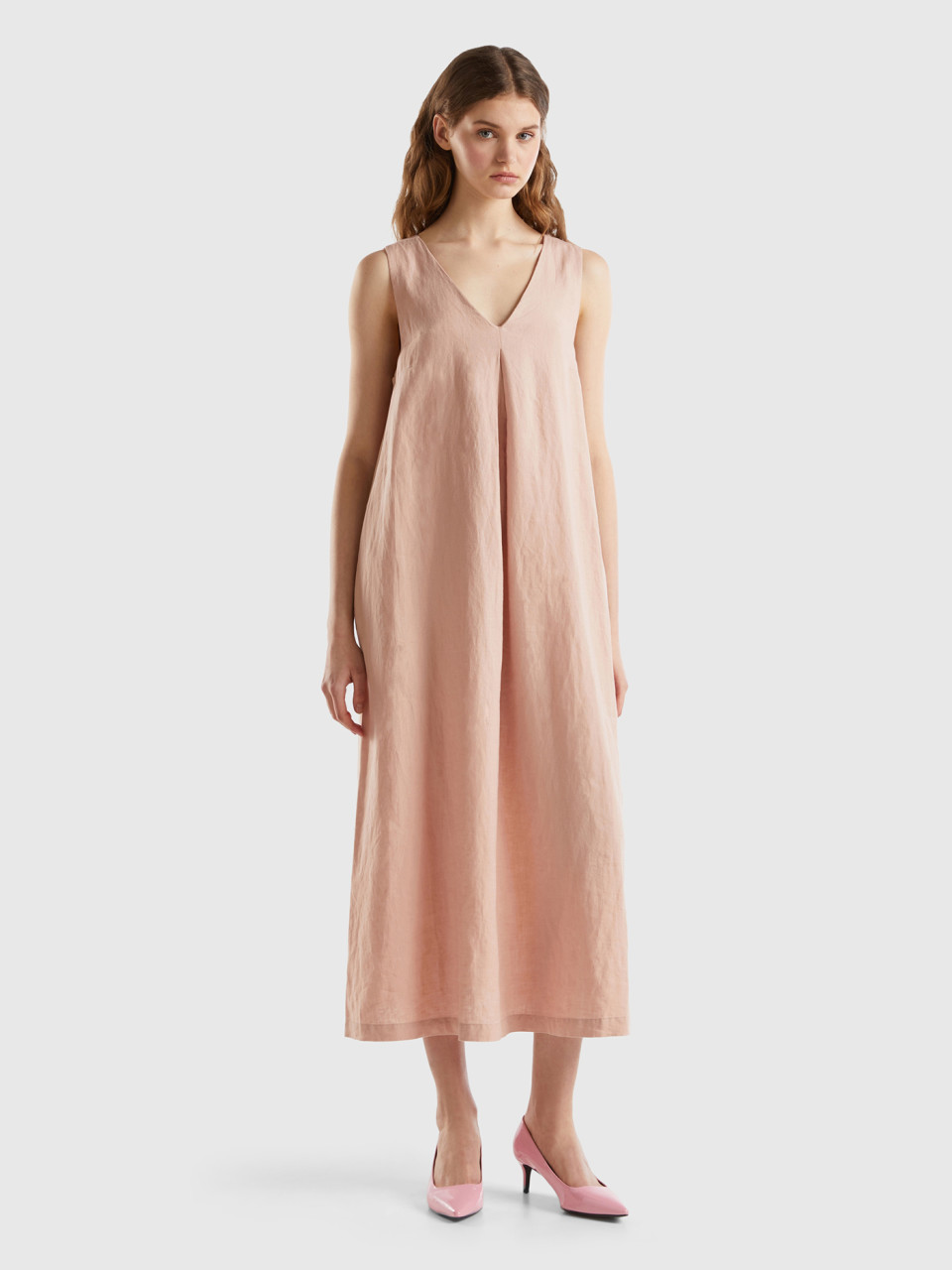 Benetton, Sleeveless Dress In Pure Linen, Soft Pink, Women