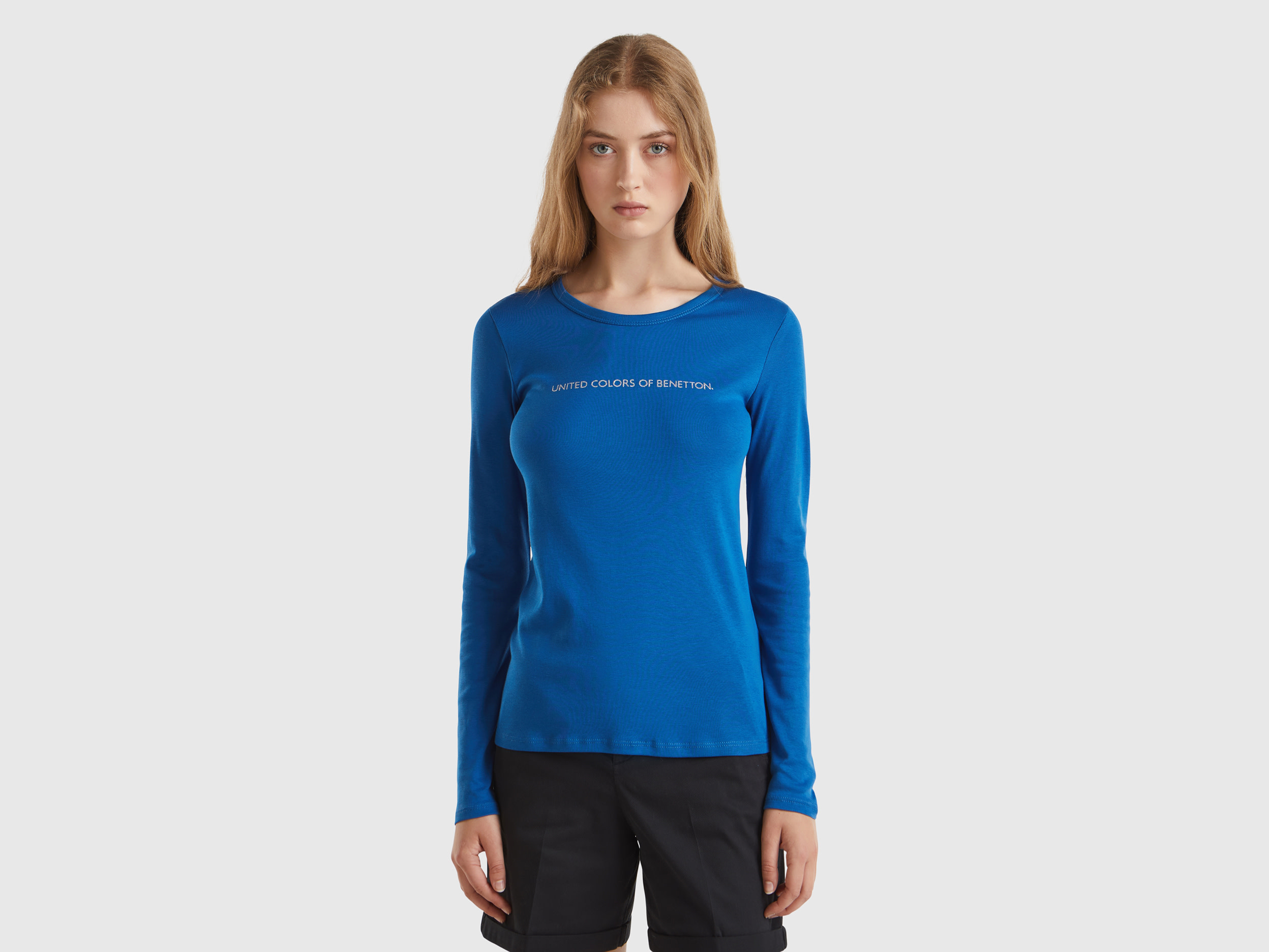 Benetton, T-shirt Avio A Manica Lunga 100% Cotone, Avio, Donna