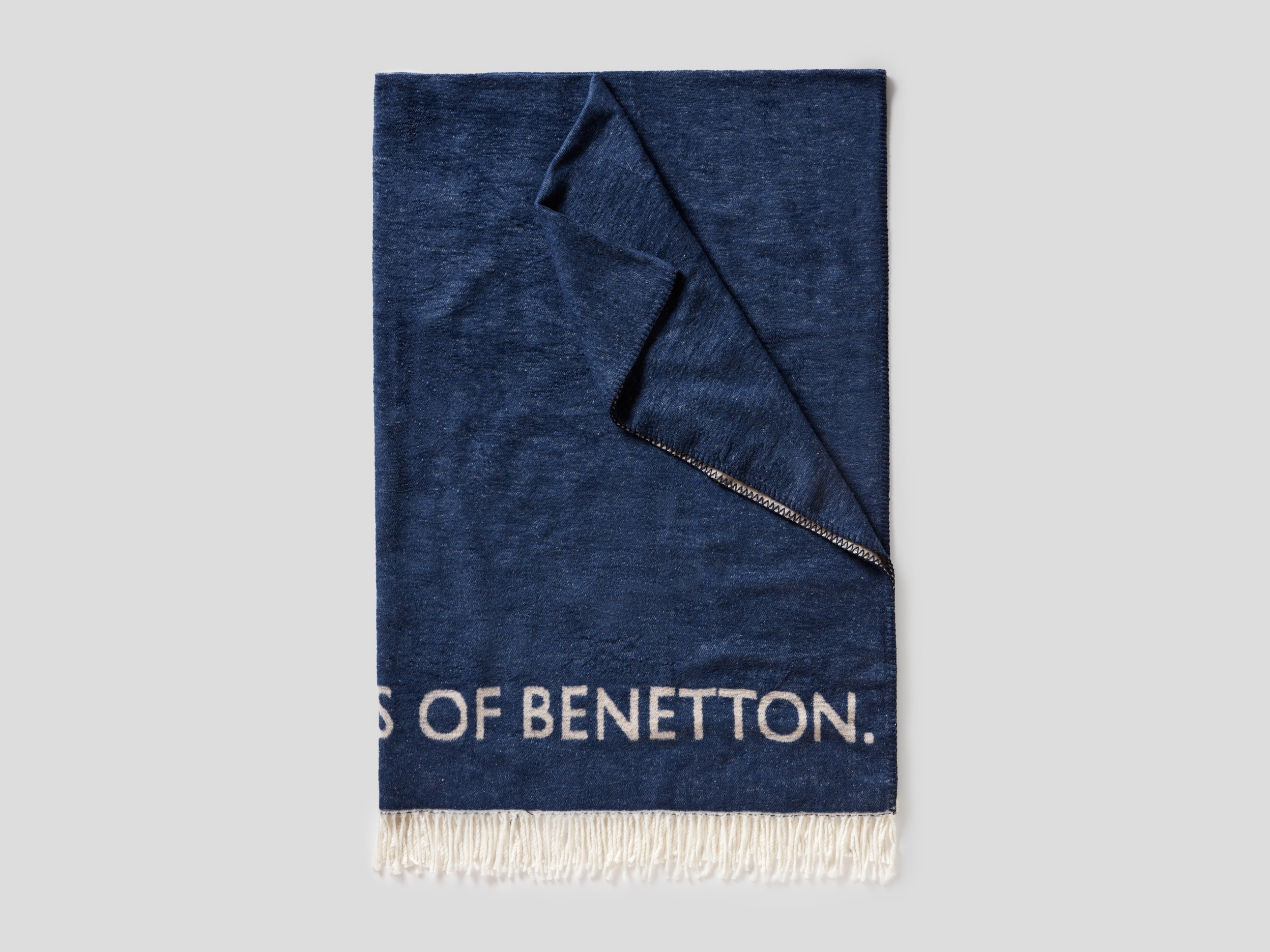 Benetton, Coperta Sfrangiata Con Logo, Grigio Scuro, Casa Benetton