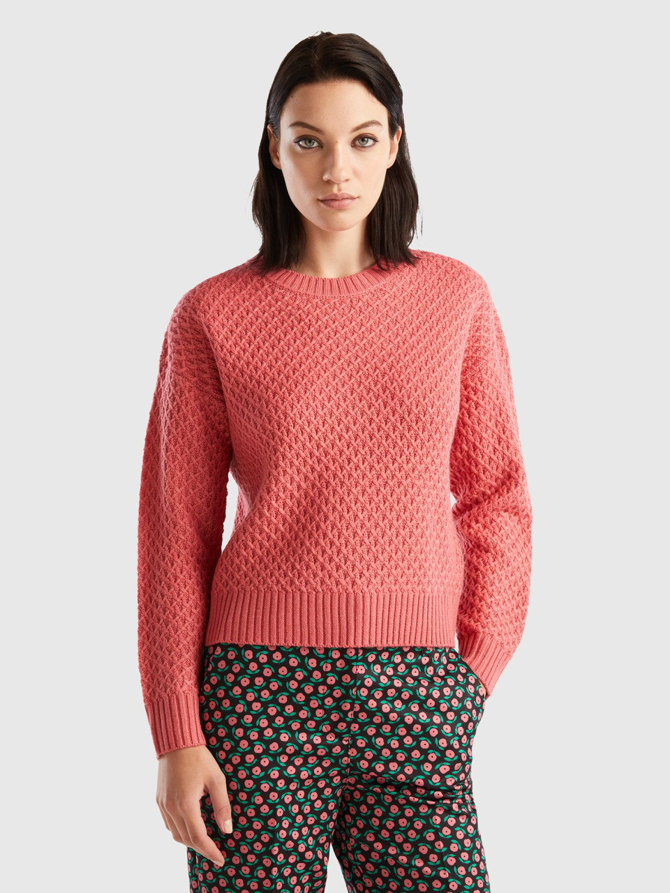 Benetton, Boxy Fit Knit Sweater, Salmon, Women