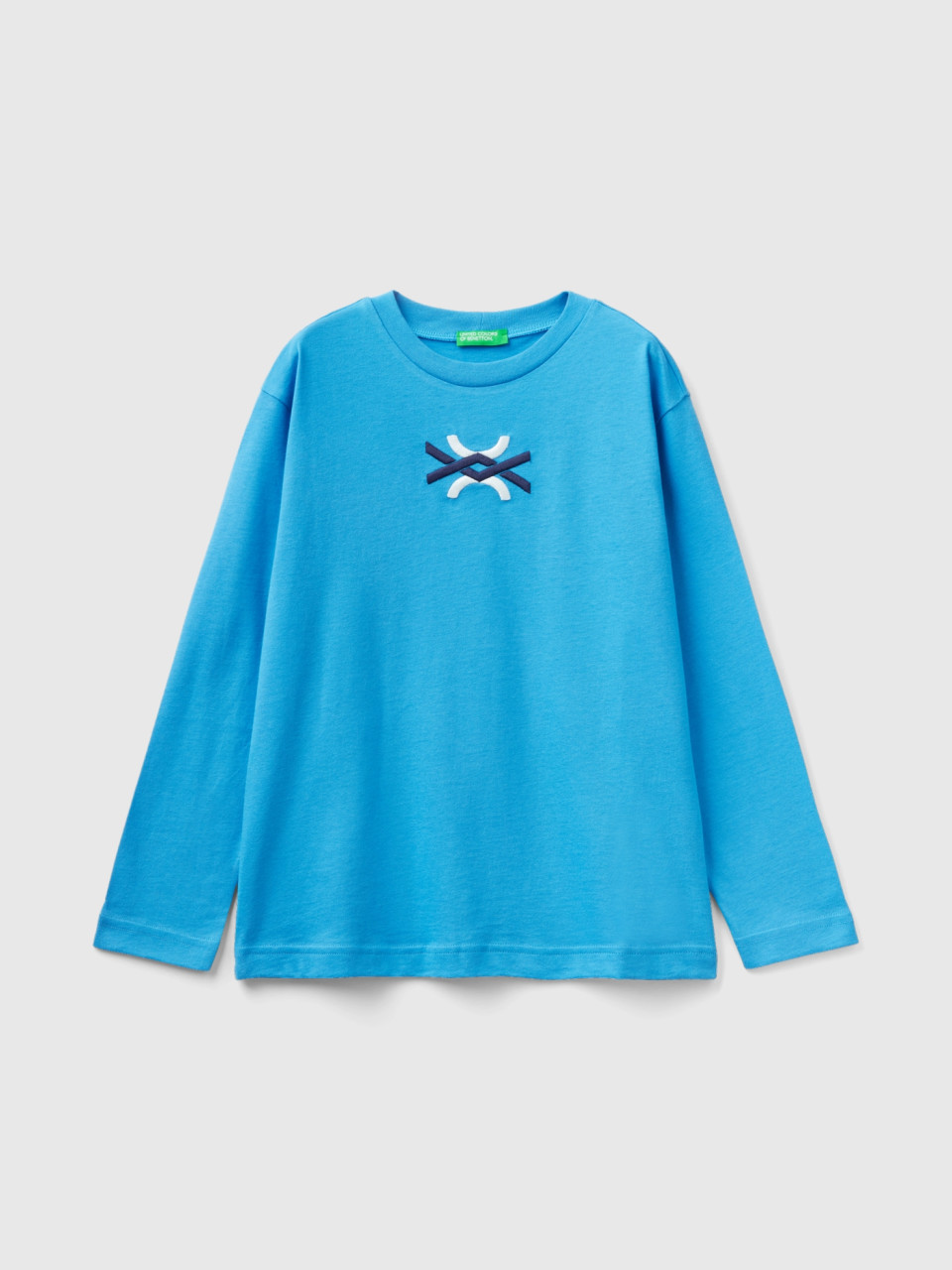 Benetton, T-shirt Chaud En 100 % Coton Bio, Bleu, Enfants