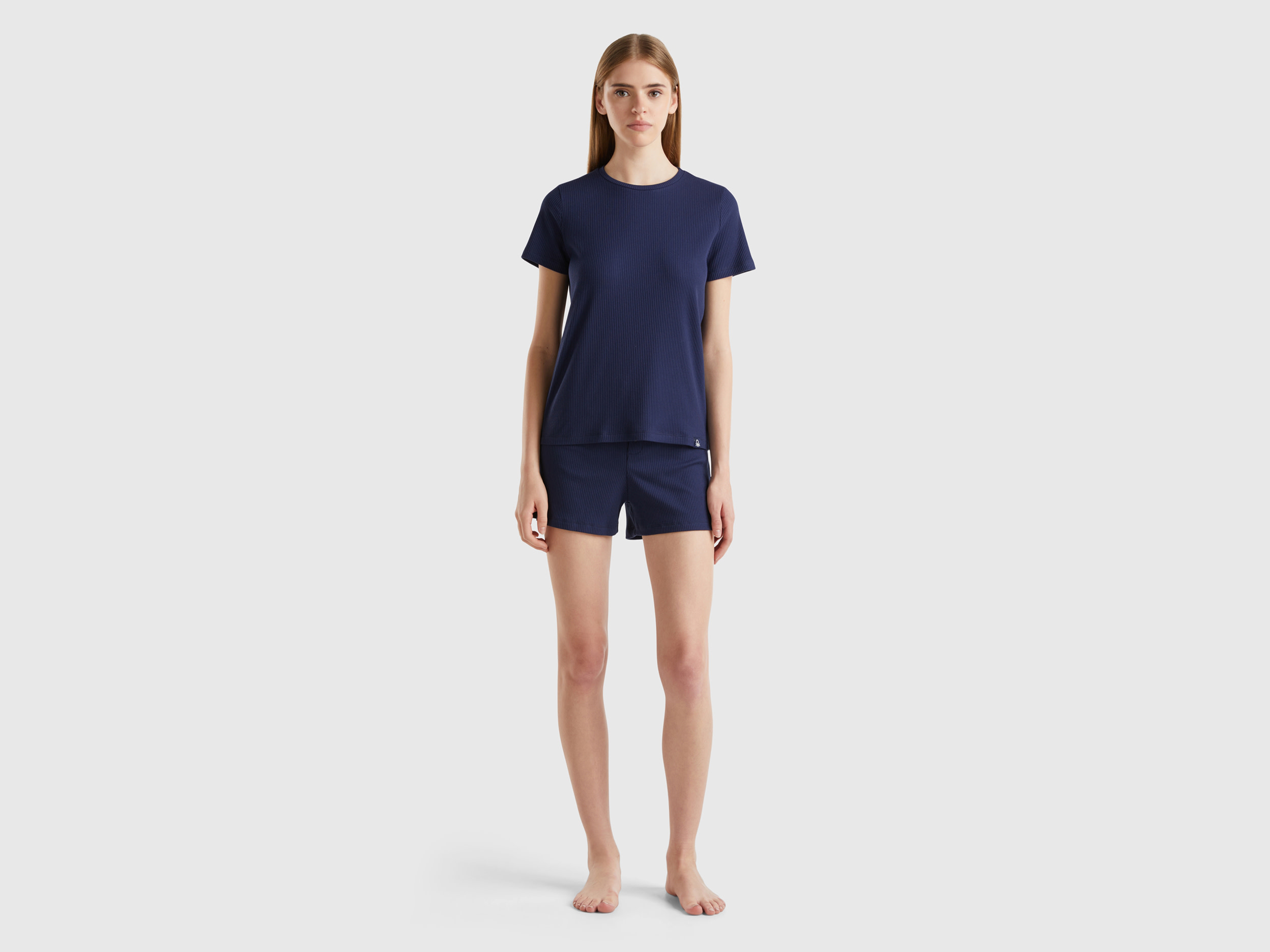 Benetton, Pigiama Corto In Misto Cotone Stretch, Blu Scuro, Donna