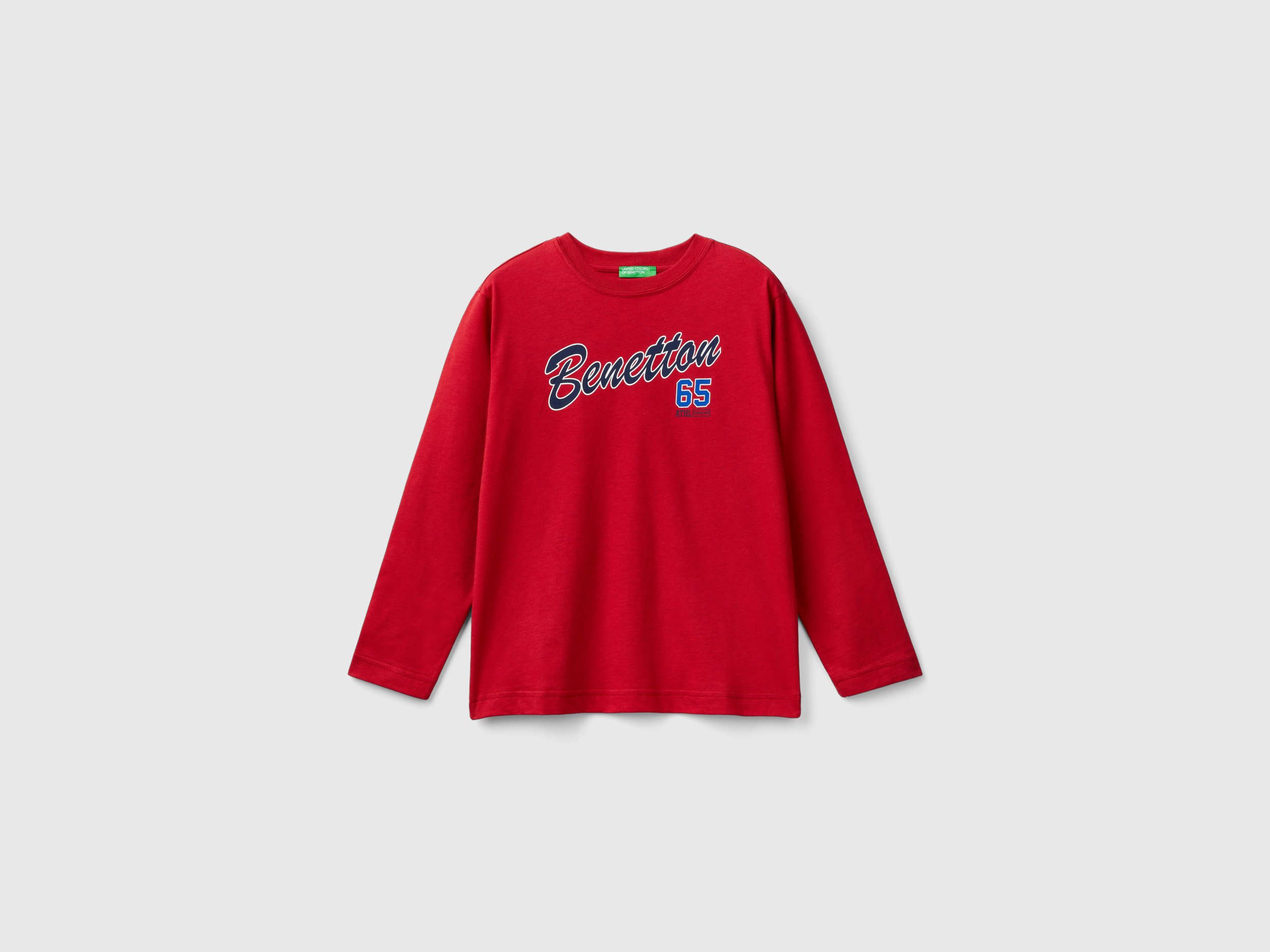 Benetton, T-shirt Manica Lunga 100% Cotone Bio, Rosso, Bambini
