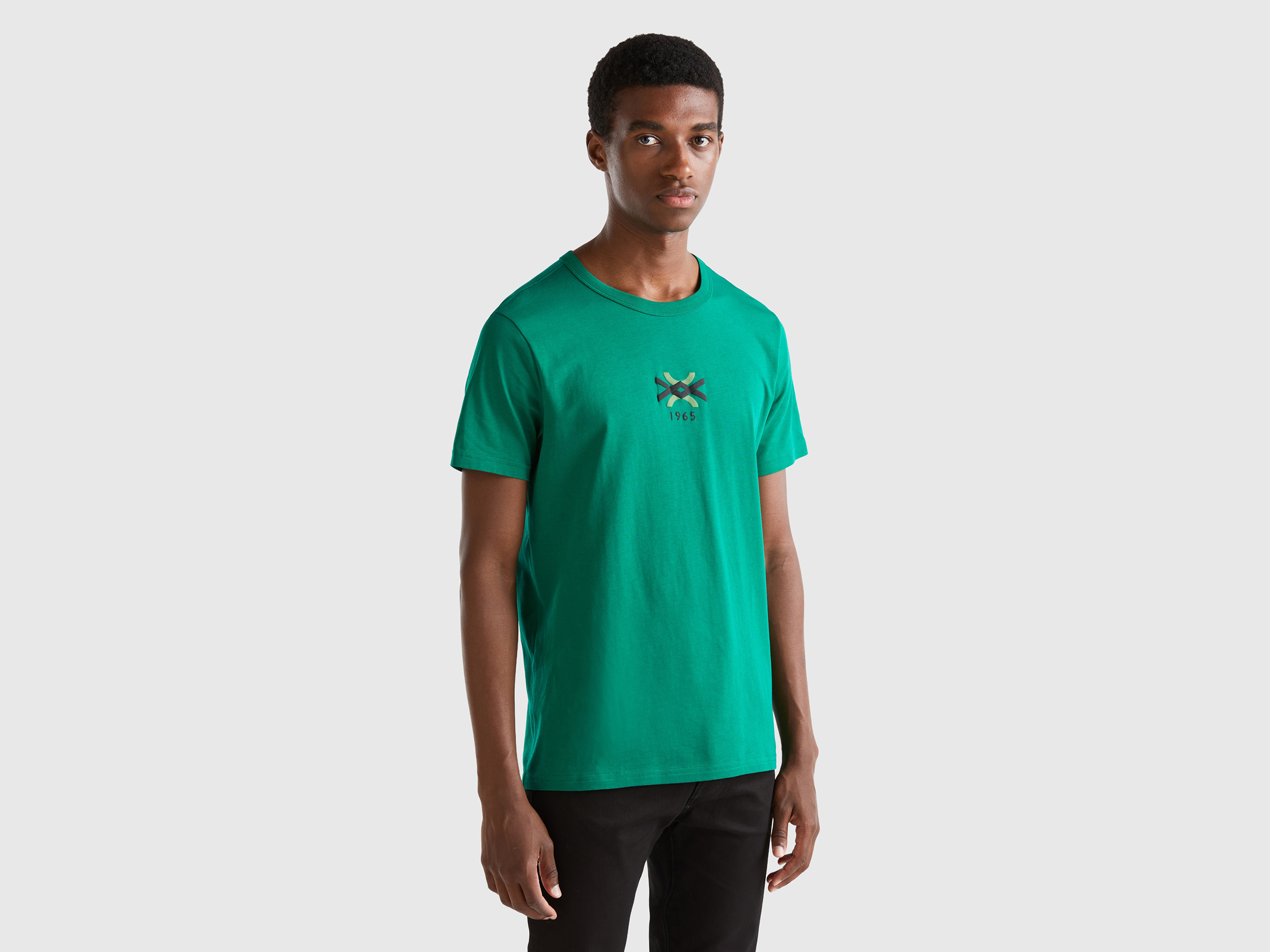 Benetton, Forest Green T-shirt In Organic Cotton With Logo Print, size XXL, Green, Men