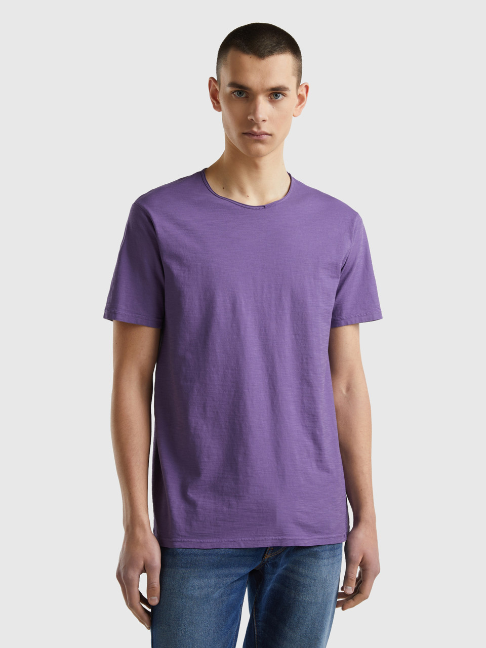 Benetton, Purple T-shirt In Slub Cotton, Violet, Men