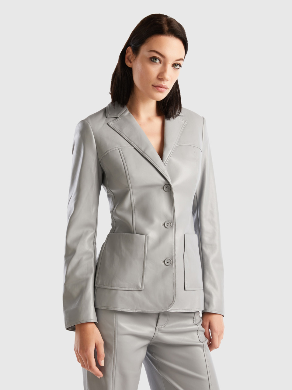 Benetton, Slim Fit Jacket In Imitation Leather, Light Gray, Women