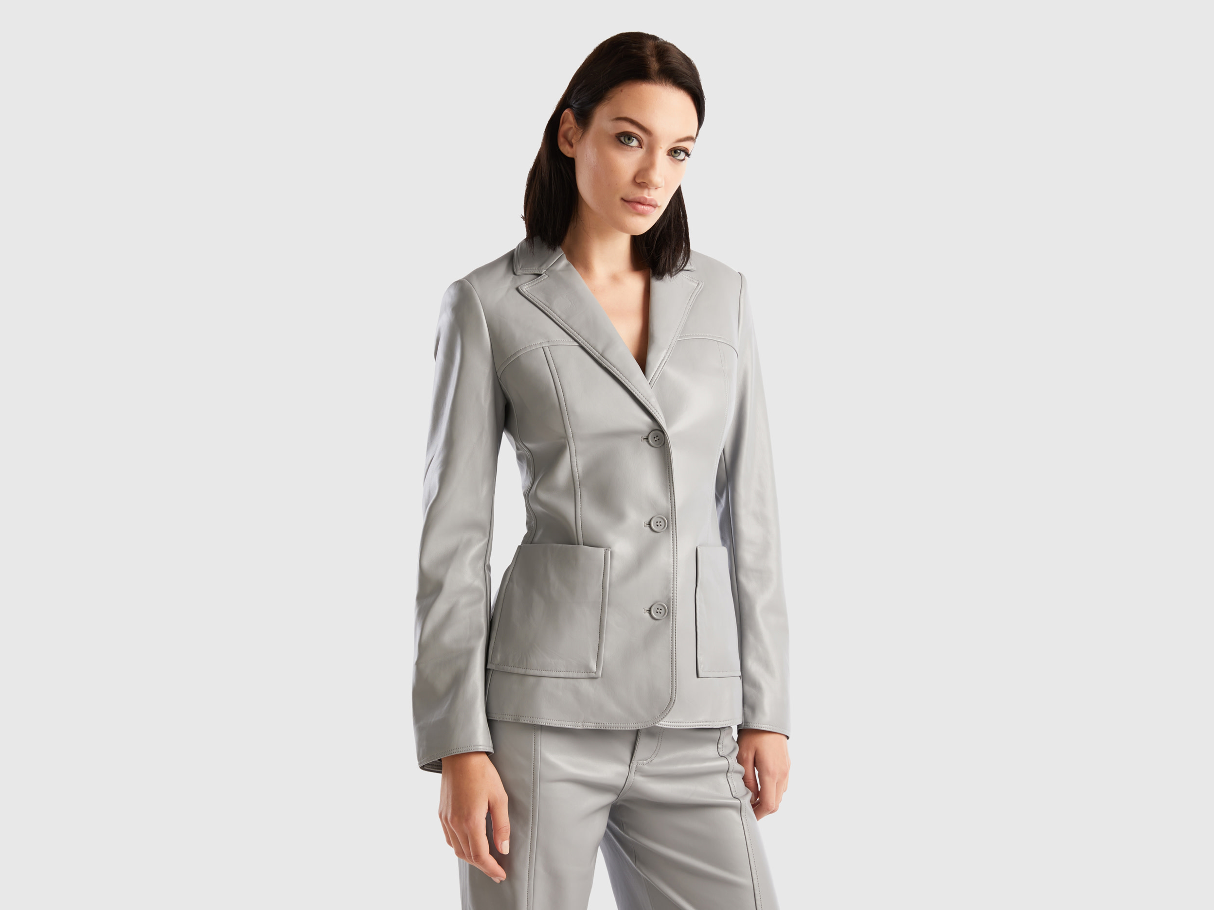 Benetton, Slim Fit Jacket In Imitation Leather, size 16, Light Gray, Women
