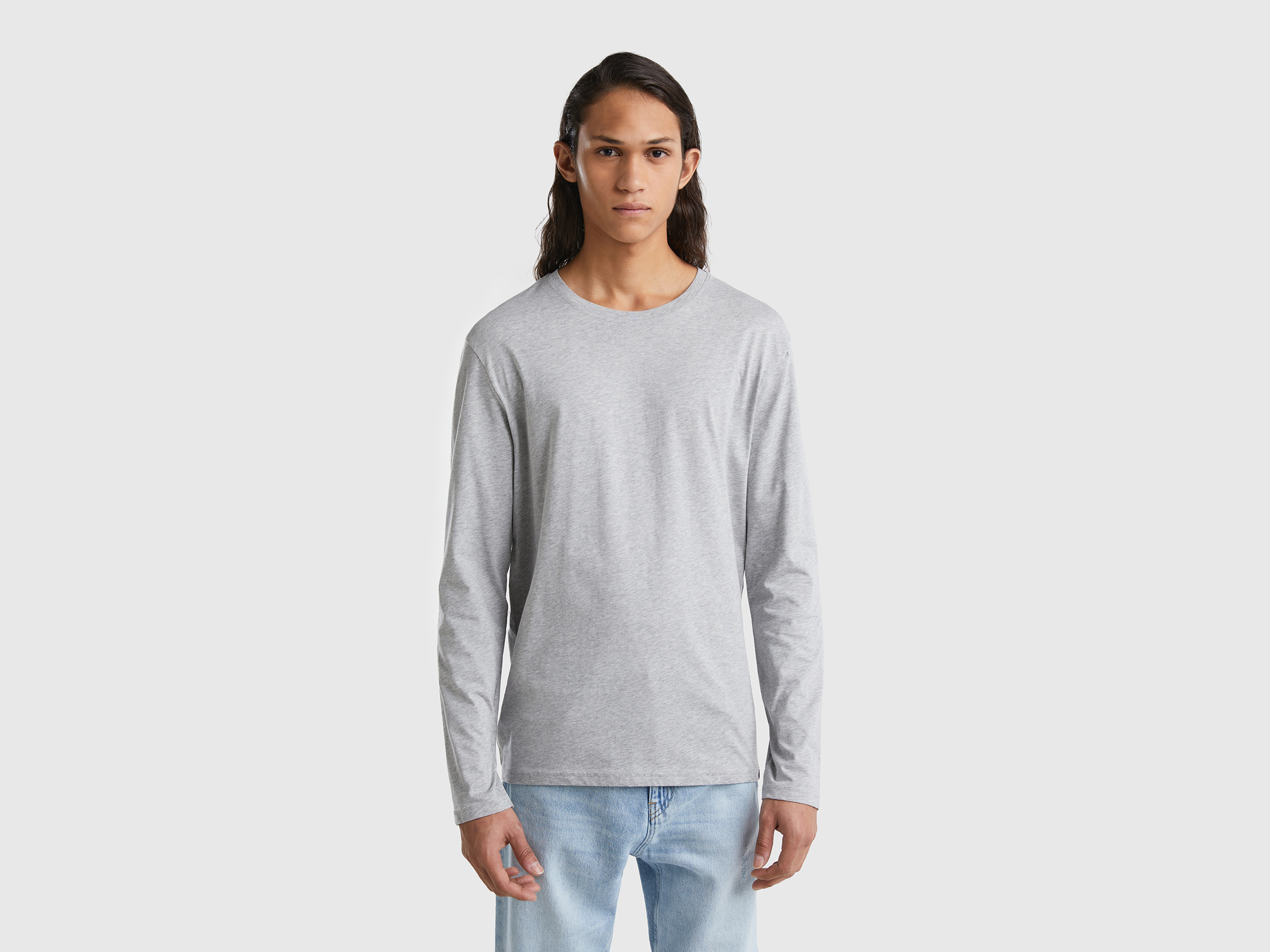 Benetton, Long Sleeve Pure Cotton T-shirt, size XXXL, Light Gray, Men