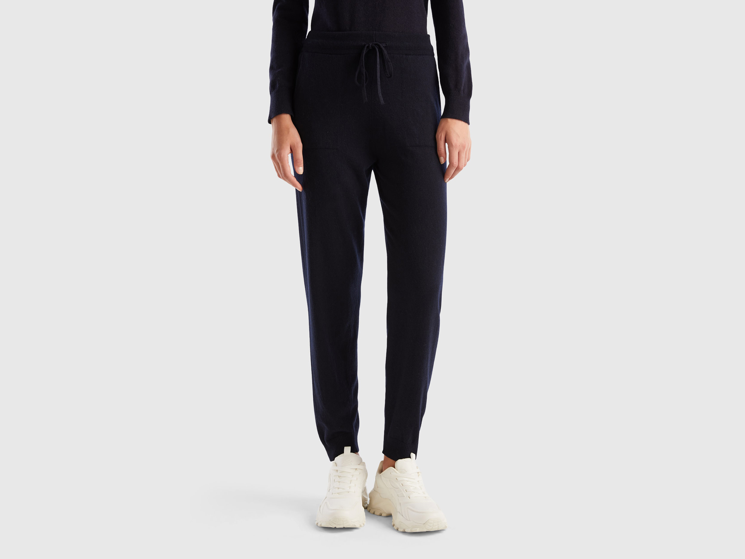 Benetton, Pantalone Sportivo Blu Scuro Misto Cashmere, Blu Scuro, Donna