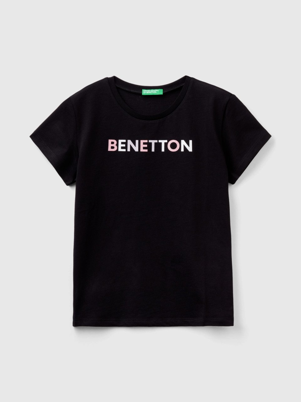 Benetton, T-shirt With Glittery Logo In Organic Cotton, Black, Kids