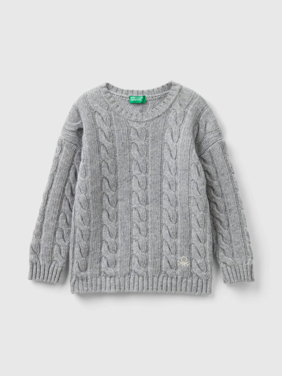 Benetton, Cable Knit Sweater In Wool Blend, Gray, Kids