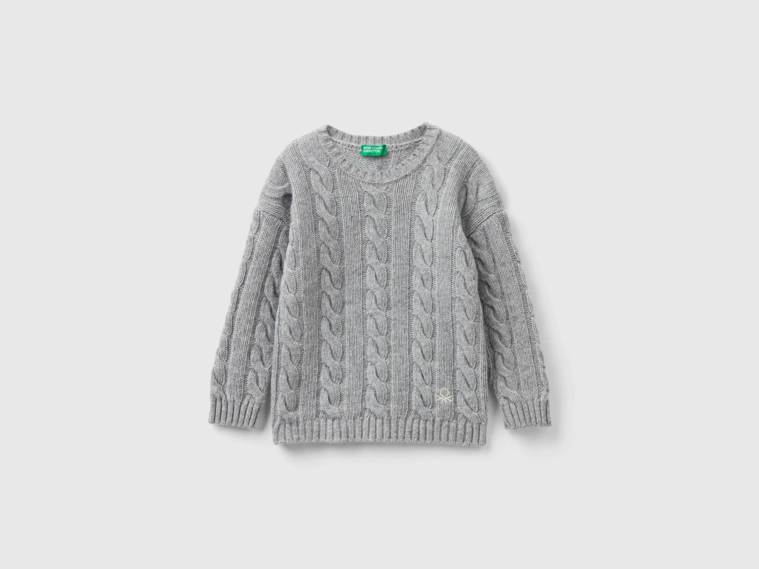 Benetton, Cable Knit Sweater In Wool Blend, size 12-18, Gray, Kids